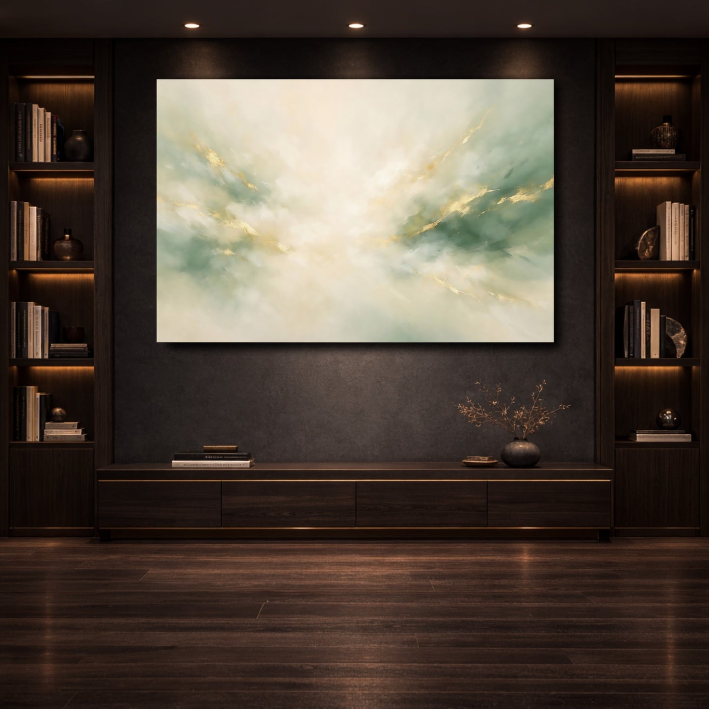 Mockup 3. Abstract Abstract Swirl Green Gold Abstract shown as stretched canvas wall art