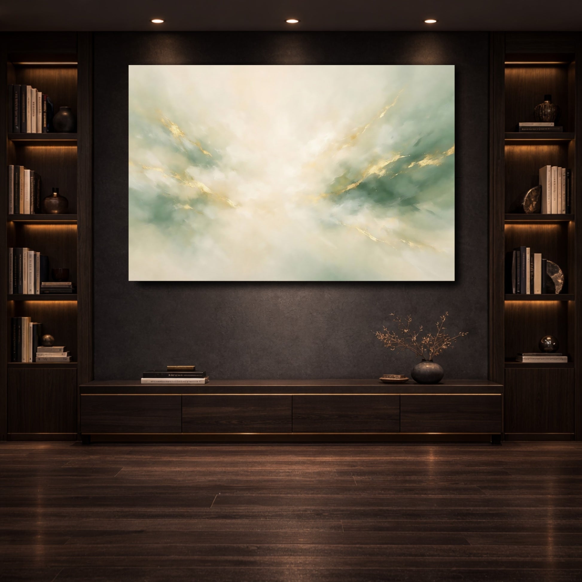 Mockup 3. Abstract Abstract Swirl Green Gold Abstract shown as stretched canvas wall art