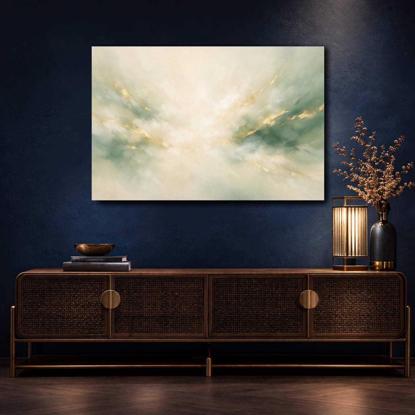 Mockup 4. Abstract Abstract Swirl Green Gold Abstract shown as stretched canvas wall art