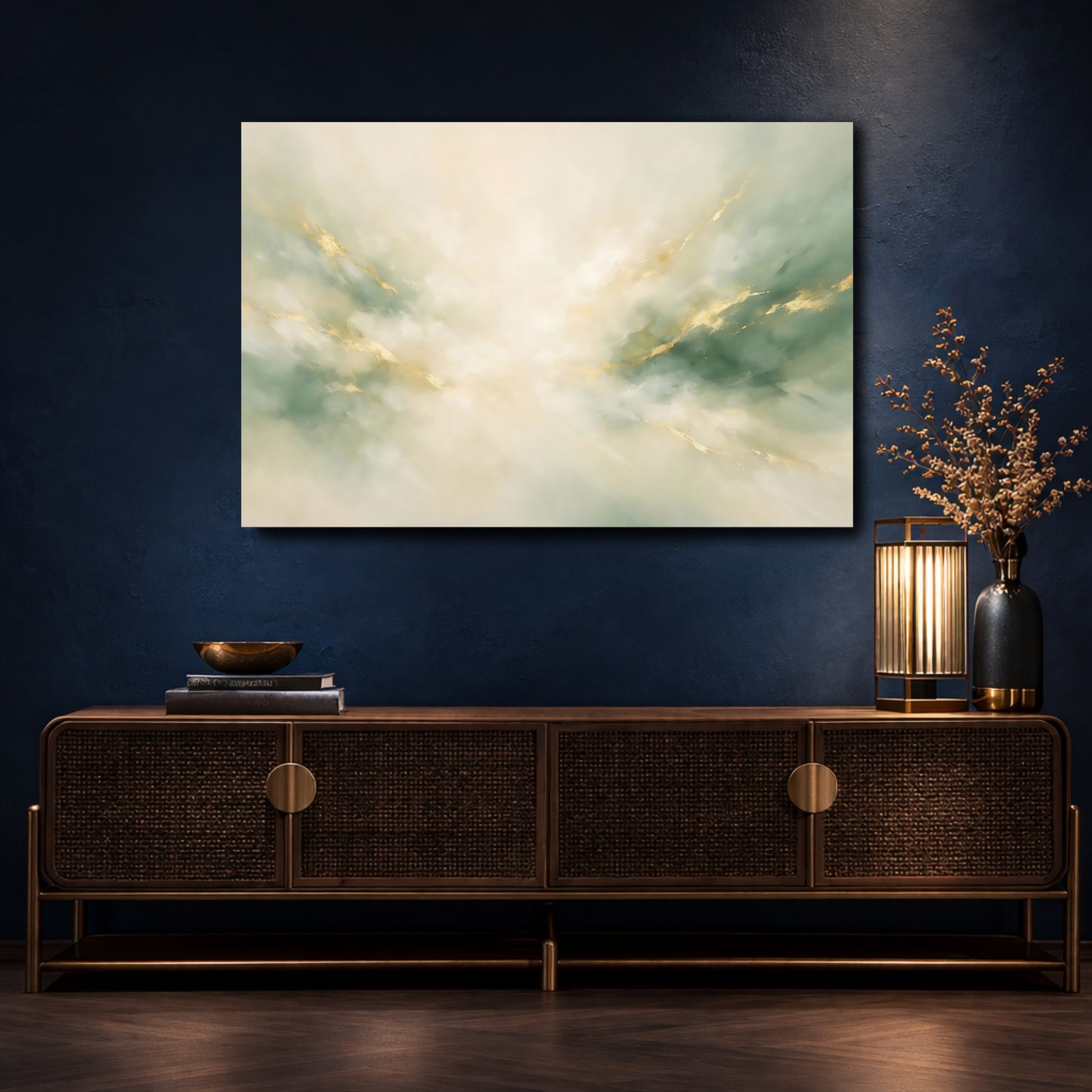 Mockup 4. Abstract Abstract Swirl Green Gold Abstract shown as stretched canvas wall art