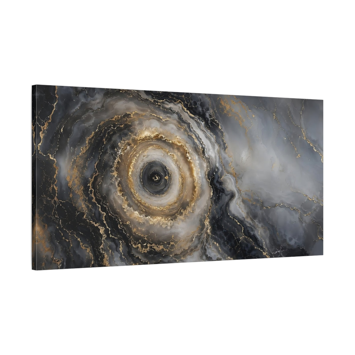 Main Mockup. Abstract Abstract Swirl Grey Gold Abstract shown as stretched canvas wall art