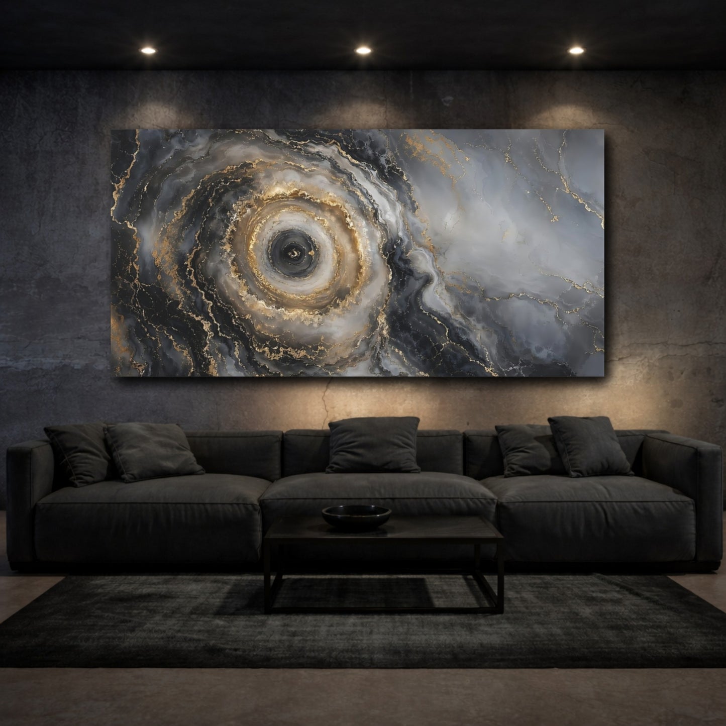 Mockup 2. Abstract Abstract Swirl Grey Gold Abstract shown as stretched canvas wall art