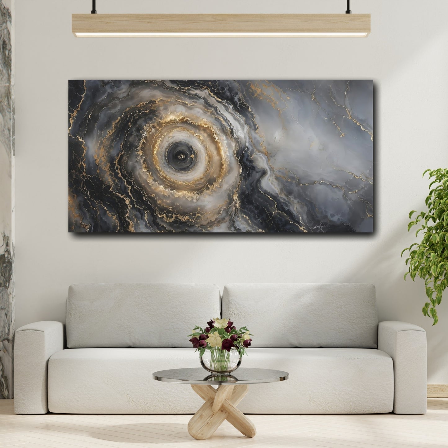 Mockup 3. Abstract Abstract Swirl Grey Gold Abstract shown as stretched canvas wall art