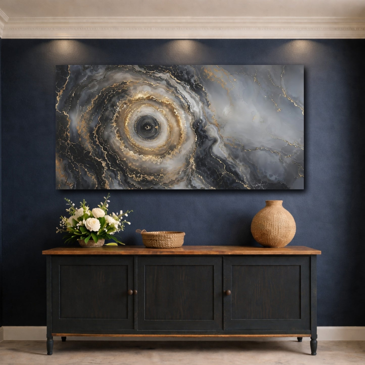 Mockup 4. Abstract Abstract Swirl Grey Gold Abstract shown as stretched canvas wall art