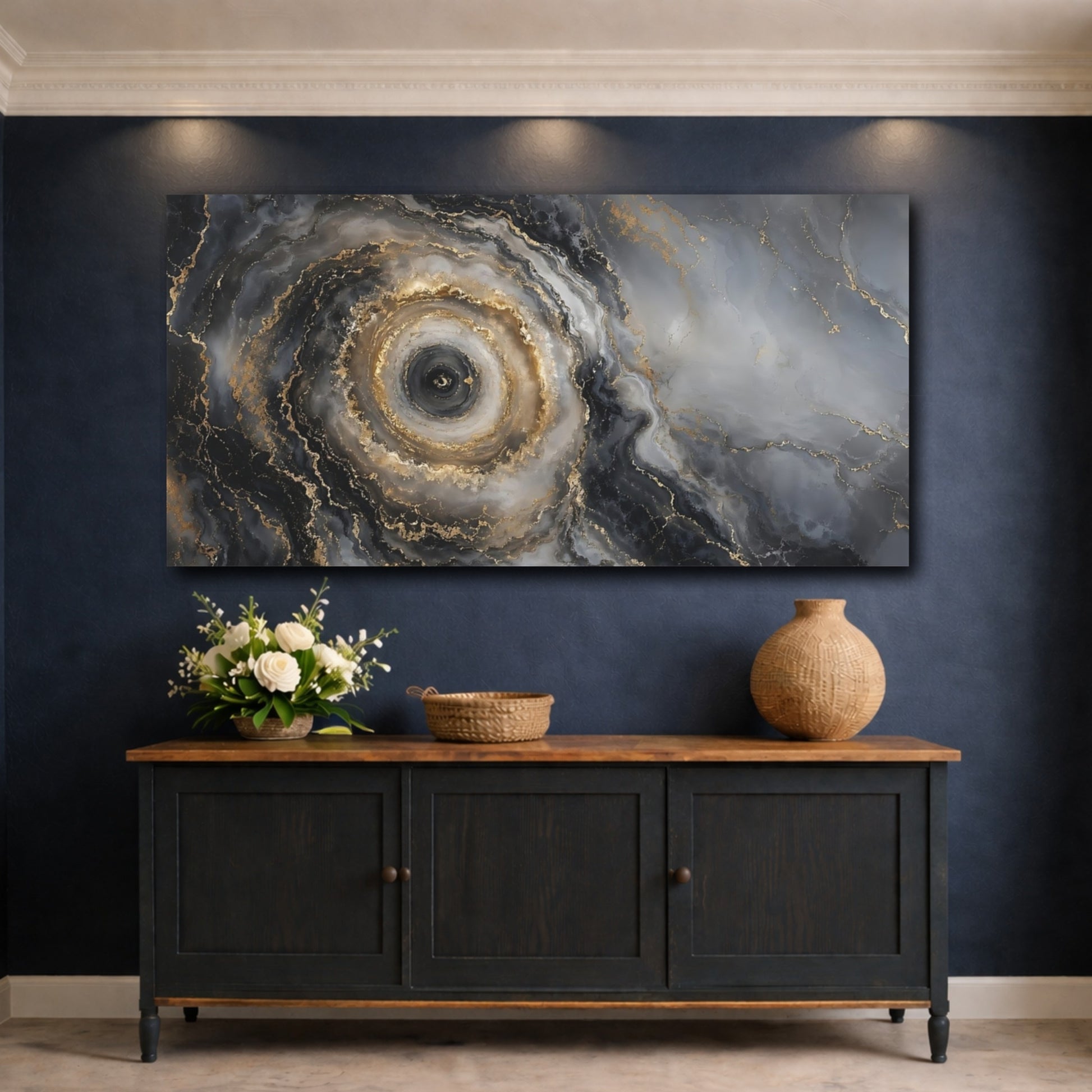 Mockup 4. Abstract Abstract Swirl Grey Gold Abstract shown as stretched canvas wall art