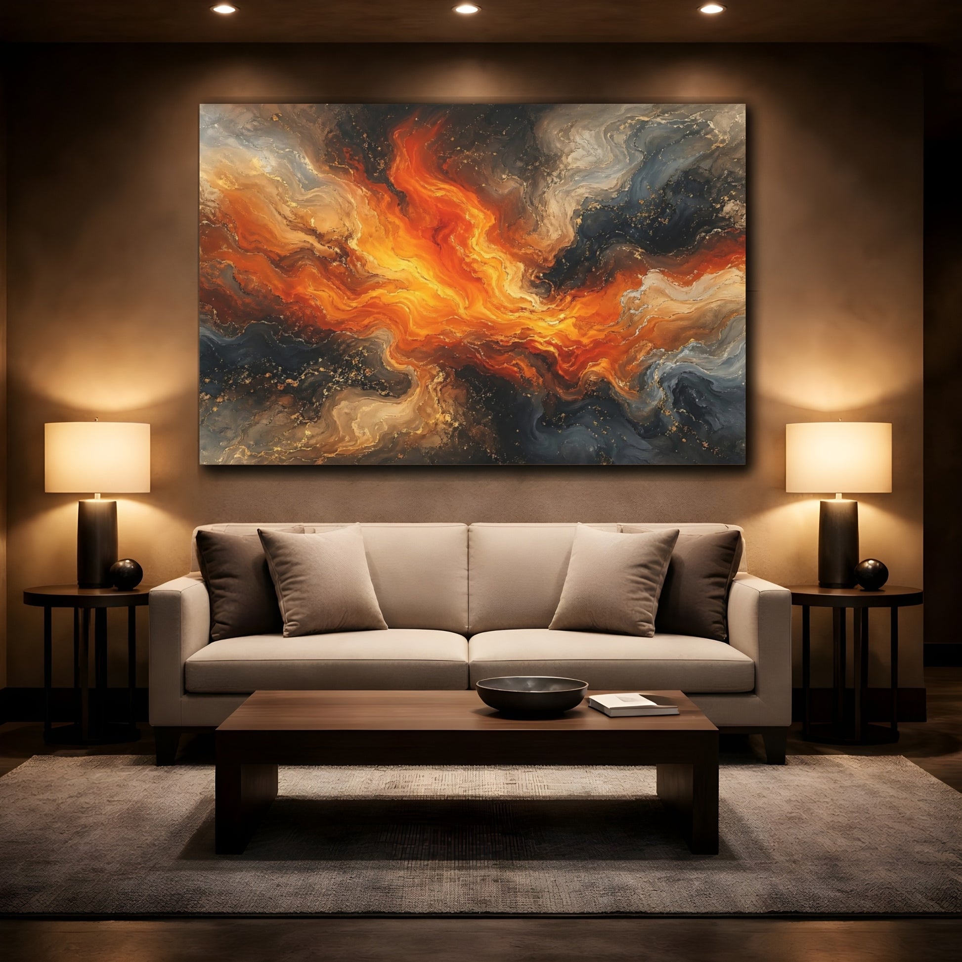 Mockup 2. Abstract Abstract Swirl Orange And Black Abstract shown as stretched canvas wall art