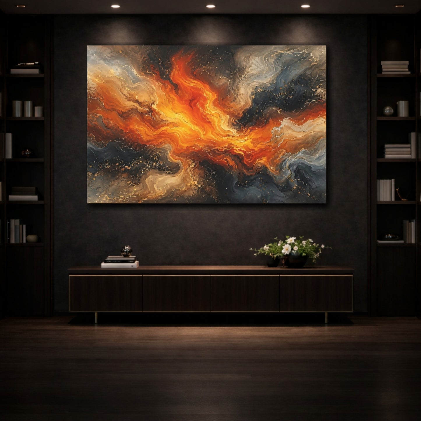 Mockup 3. Abstract Abstract Swirl Orange And Black Abstract shown as stretched canvas wall art