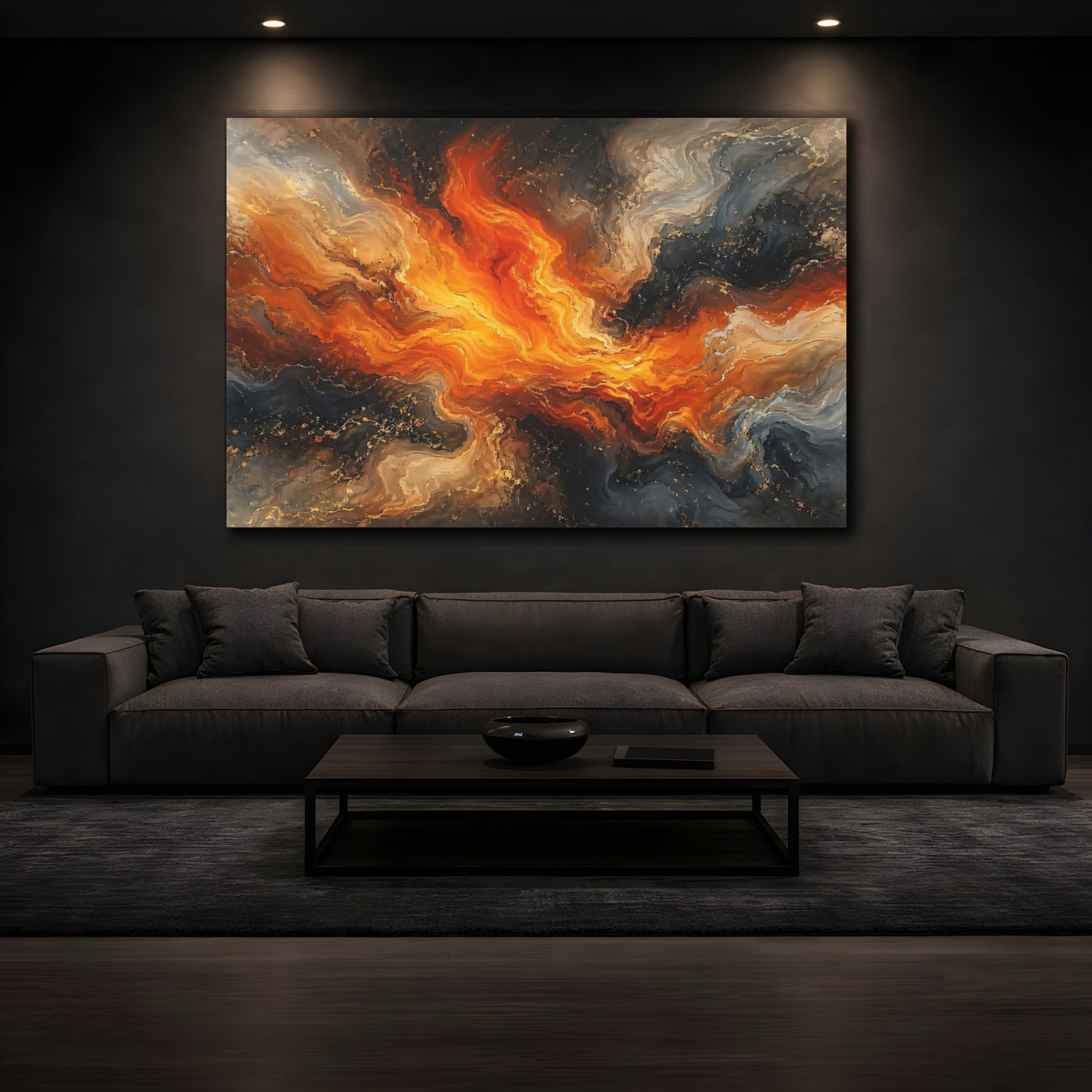 Mockup 4. Abstract Abstract Swirl Orange And Black Abstract shown as stretched canvas wall art