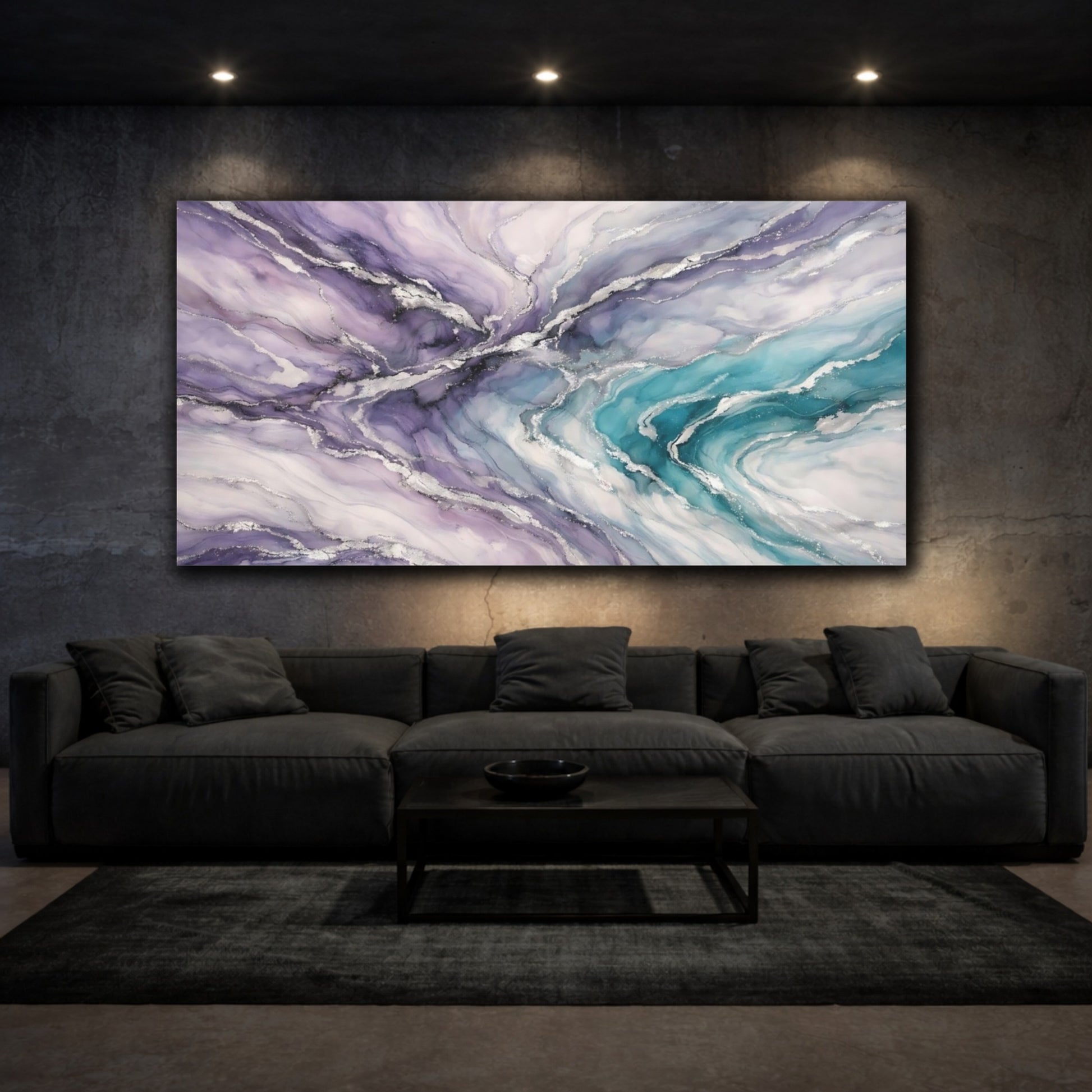 Mockup 2. Abstract Abstract Swirl Purple Teal Silver shown as stretched canvas wall art