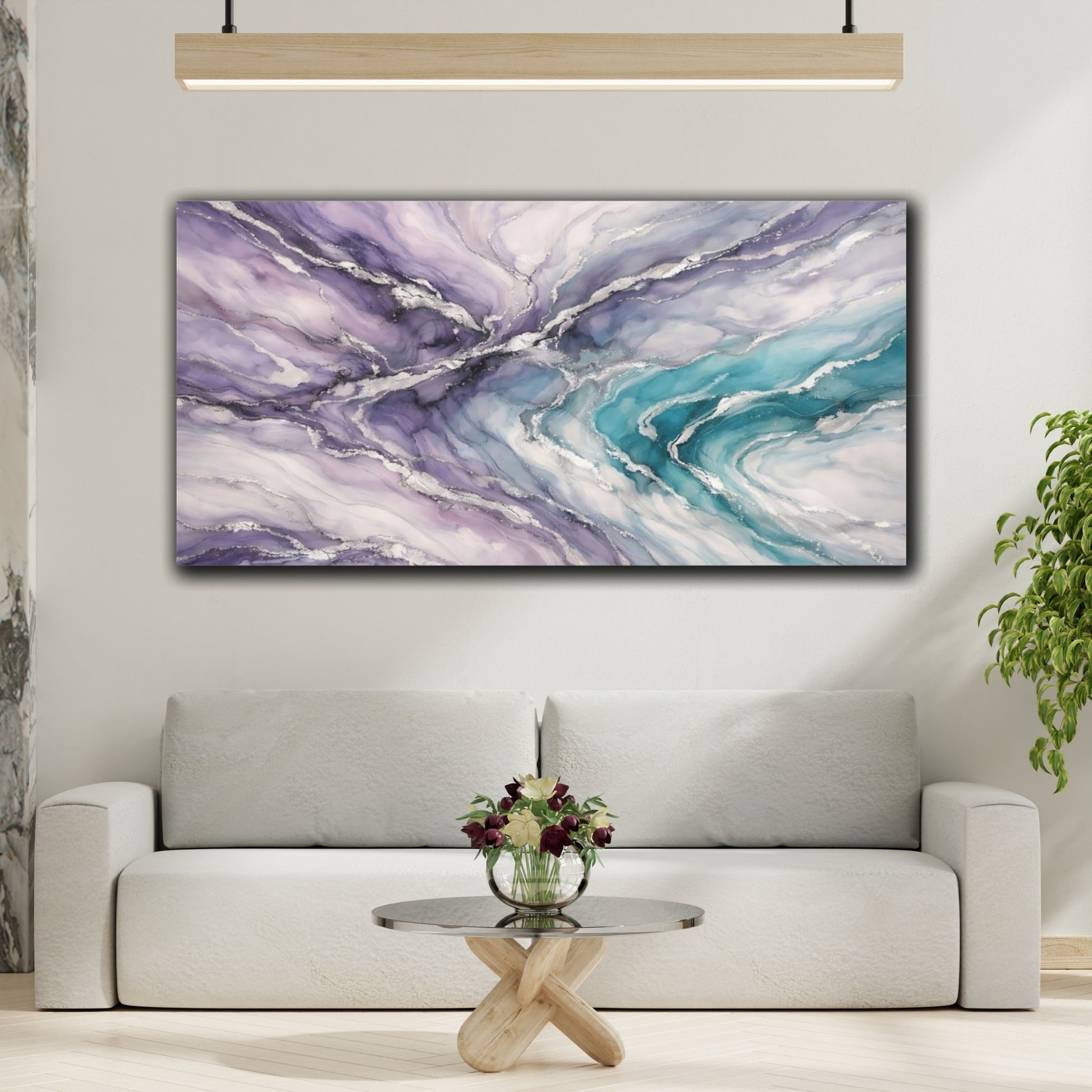 Mockup 3. Abstract Abstract Swirl Purple Teal Silver shown as stretched canvas wall art