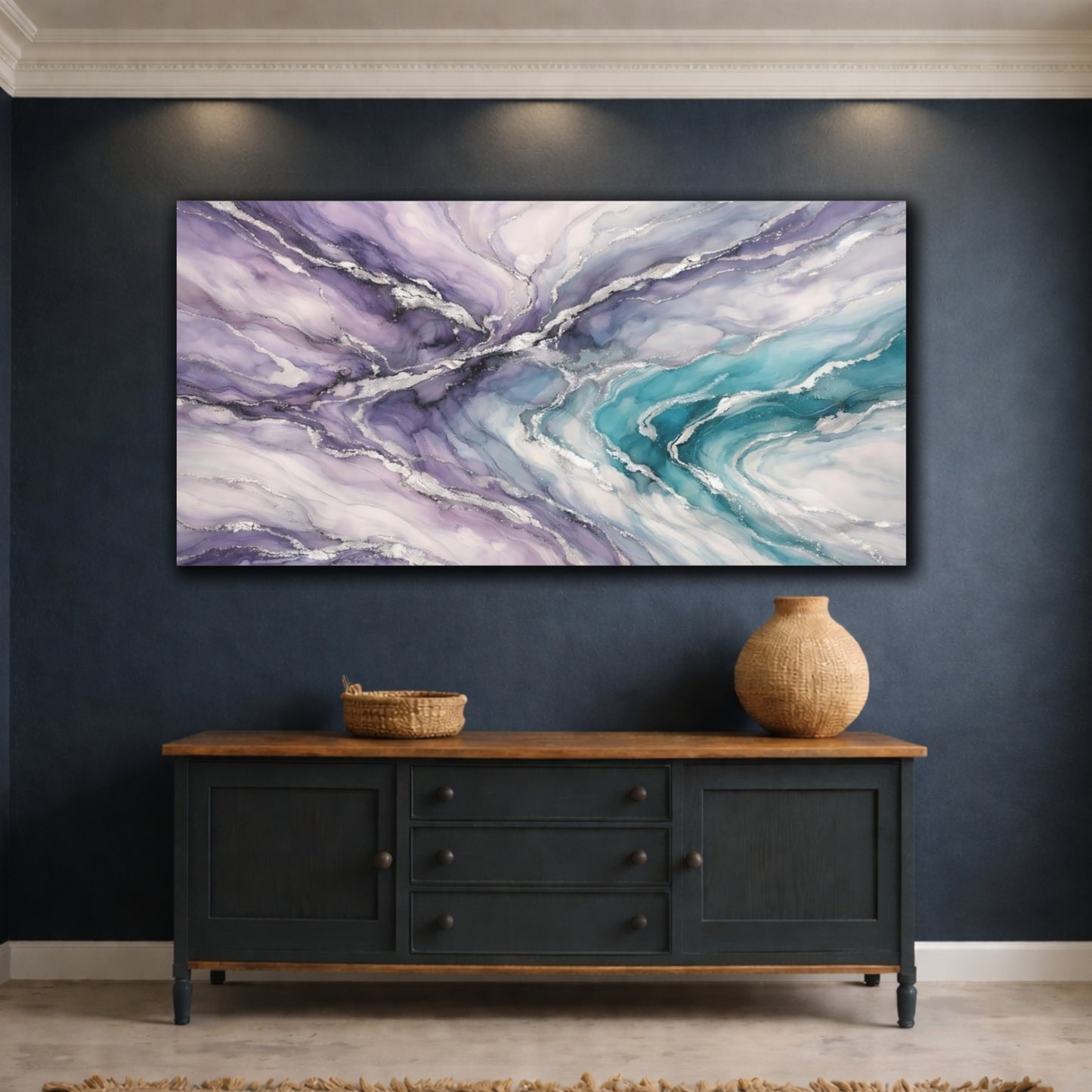 Mockup 4. Abstract Abstract Swirl Purple Teal Silver shown as stretched canvas wall art