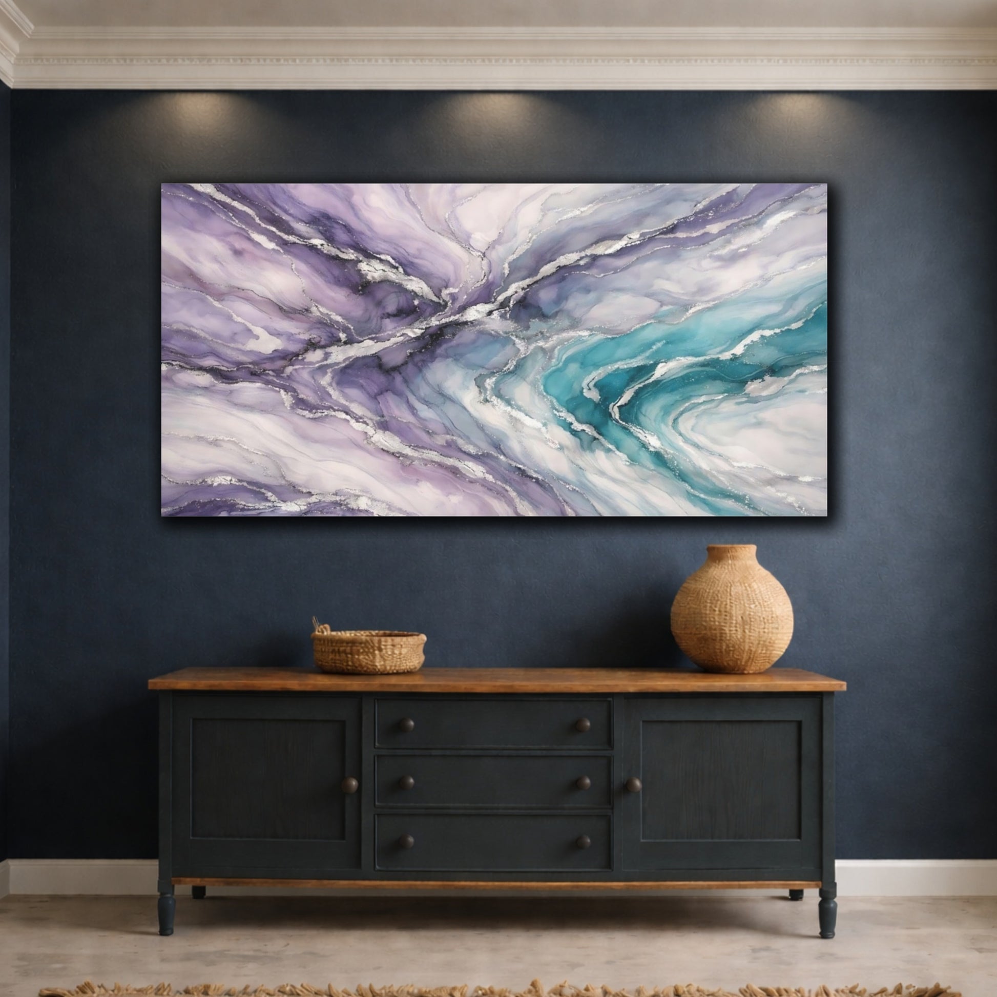 Mockup 4. Abstract Abstract Swirl Purple Teal Silver shown as stretched canvas wall art
