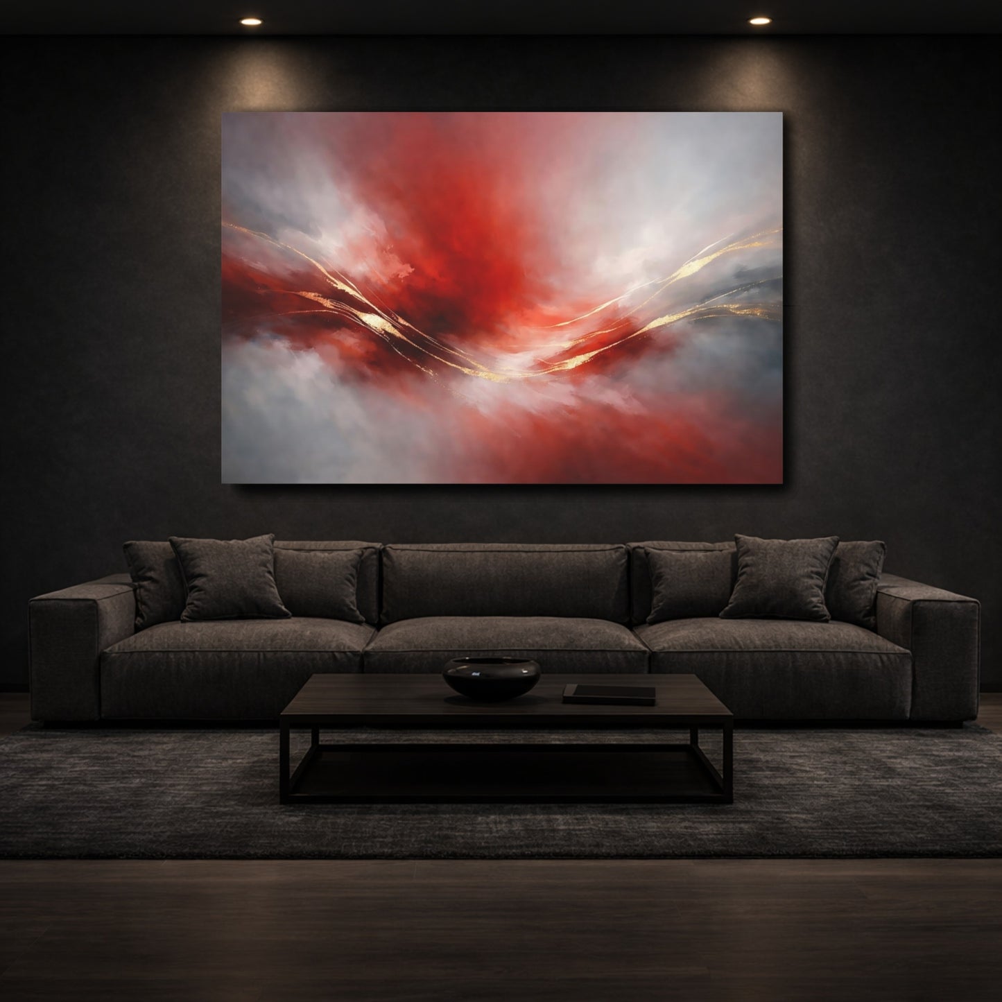 Mockup 2. Abstract Abstract Swirl Red Gold Abstract shown as stretched canvas wall art