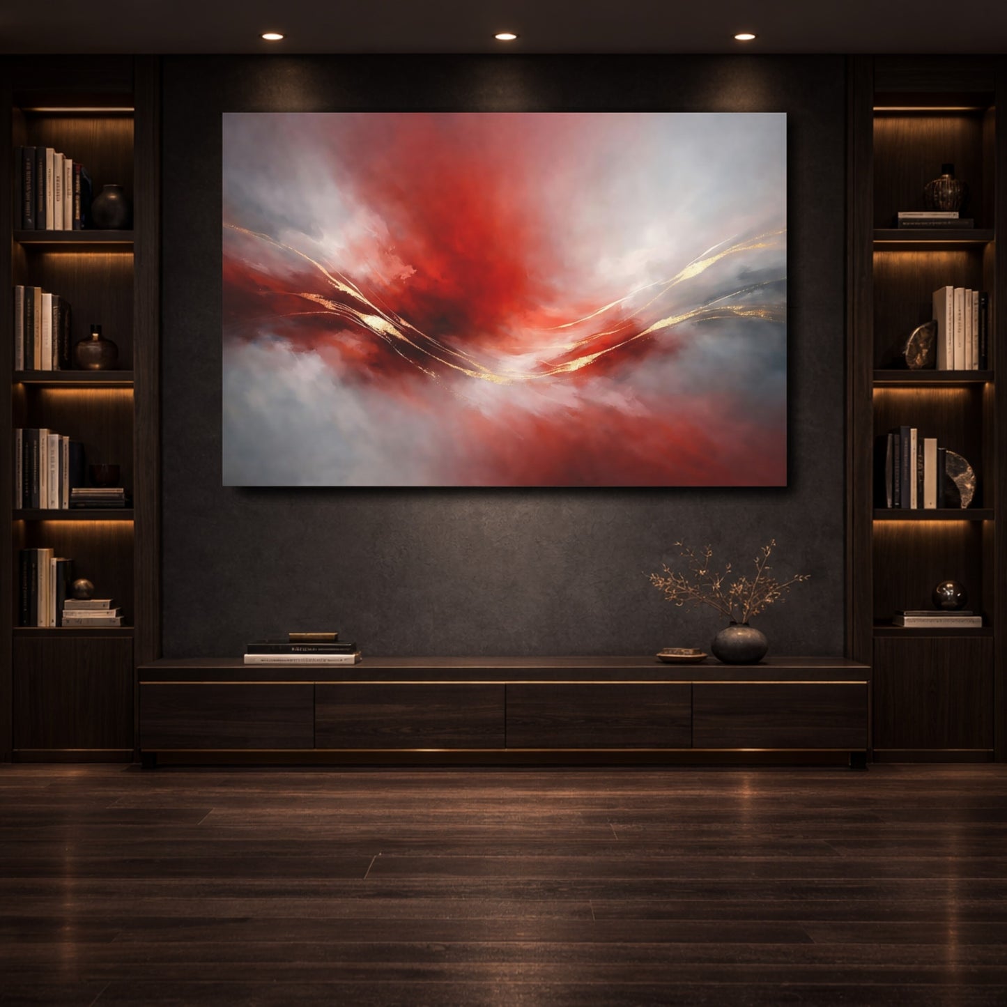 Mockup 3. Abstract Abstract Swirl Red Gold Abstract shown as stretched canvas wall art