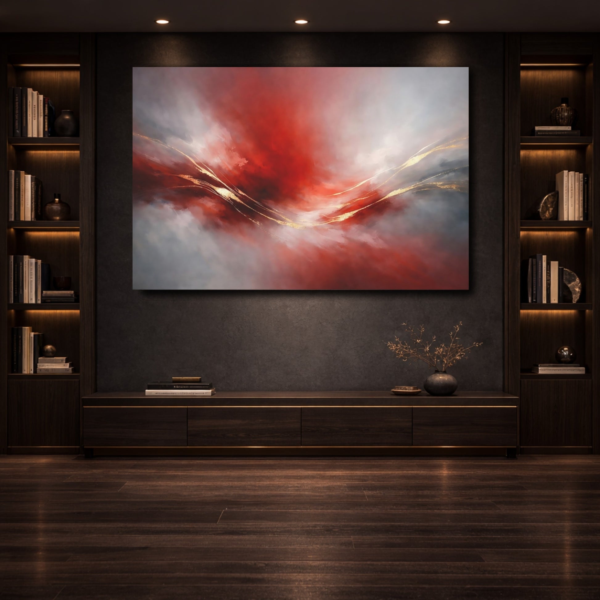 Mockup 3. Abstract Abstract Swirl Red Gold Abstract shown as stretched canvas wall art