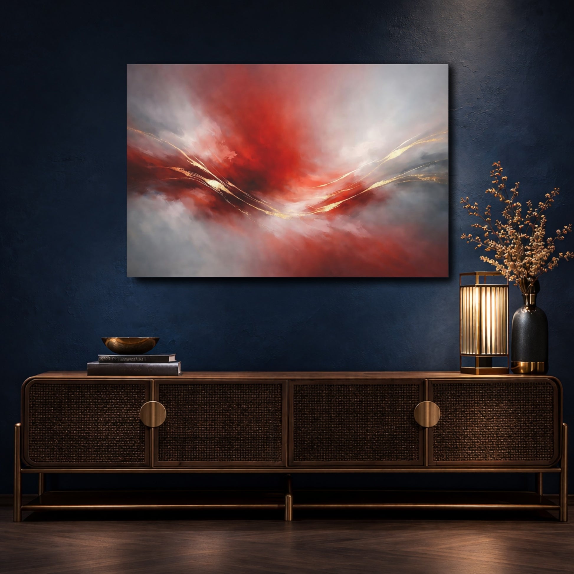 Mockup 4. Abstract Abstract Swirl Red Gold Abstract shown as stretched canvas wall art