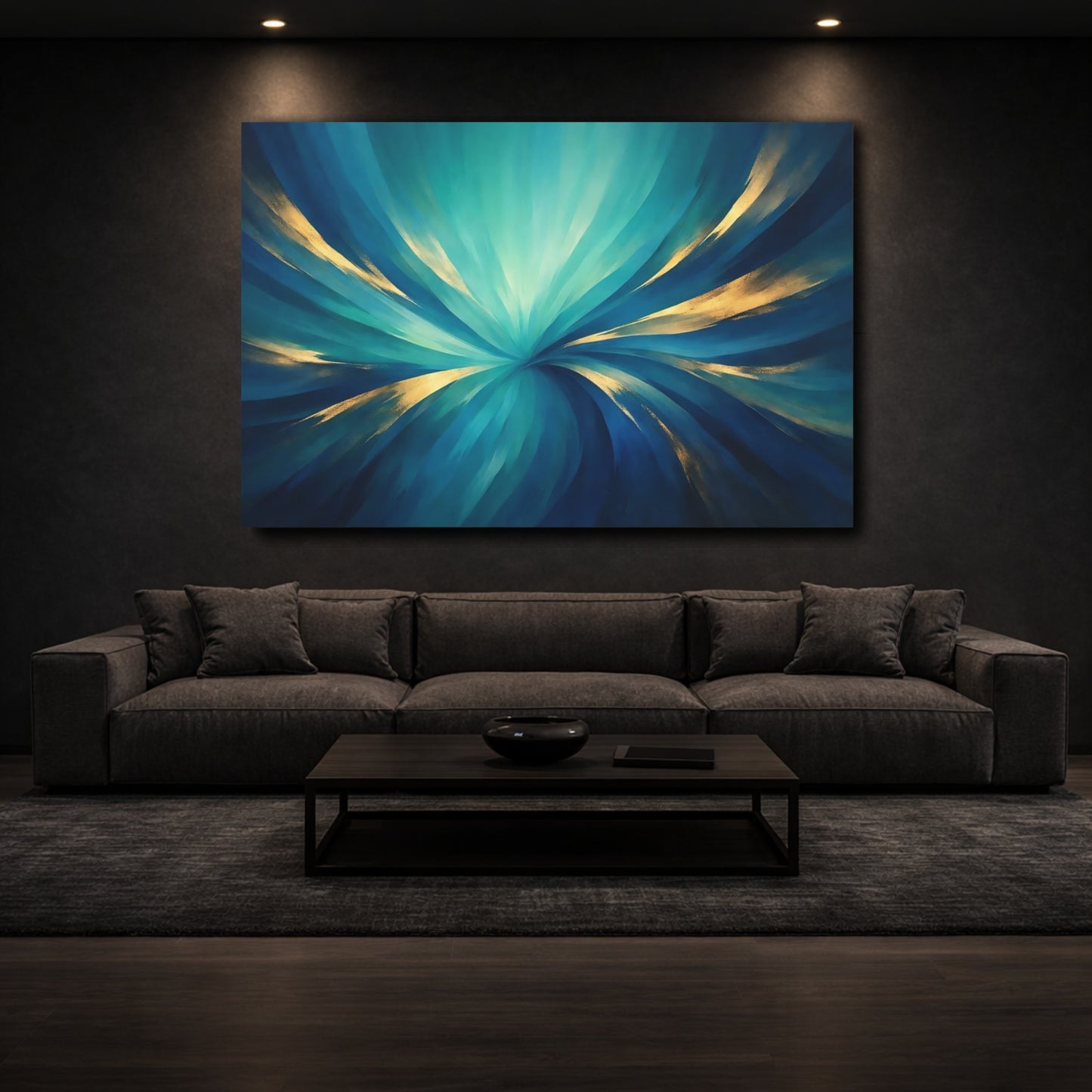Mockup 2. Abstract Abstract Swirl Teal And Gold shown as stretched canvas wall art