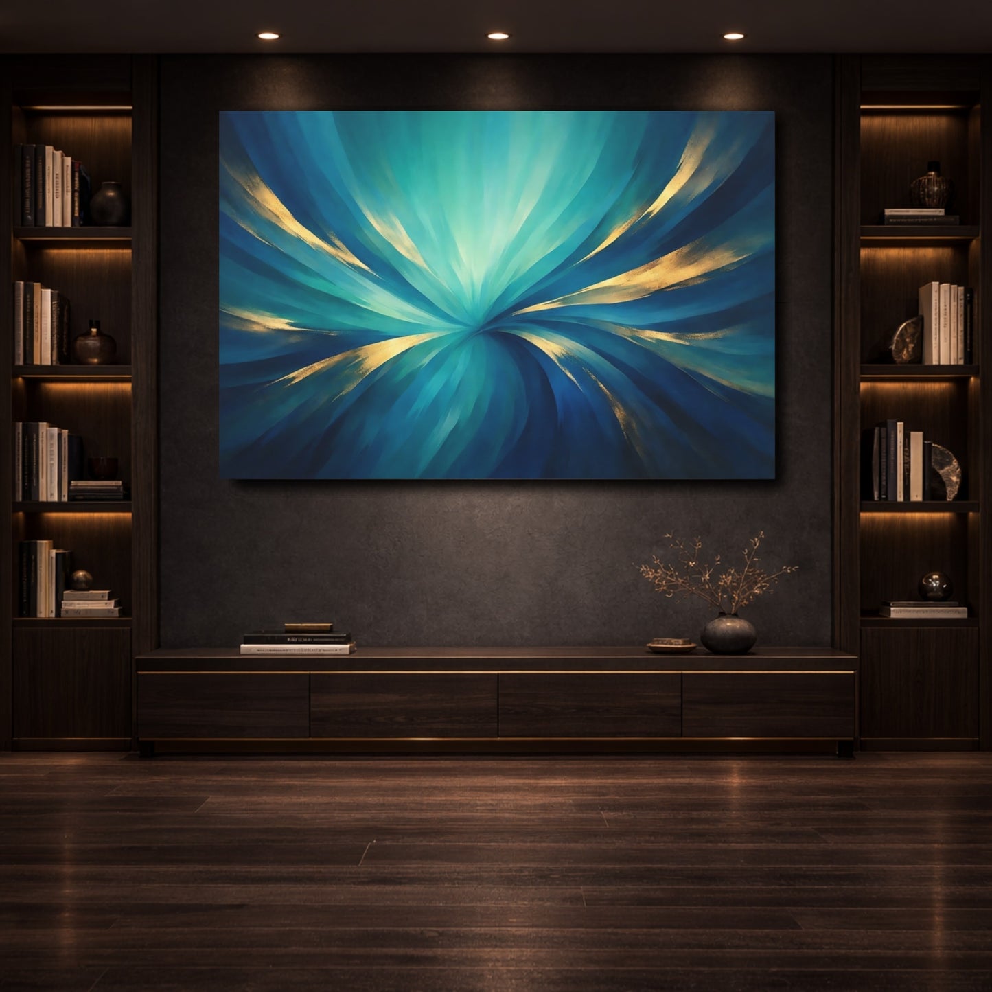 Mockup 3. Abstract Abstract Swirl Teal And Gold shown as stretched canvas wall art