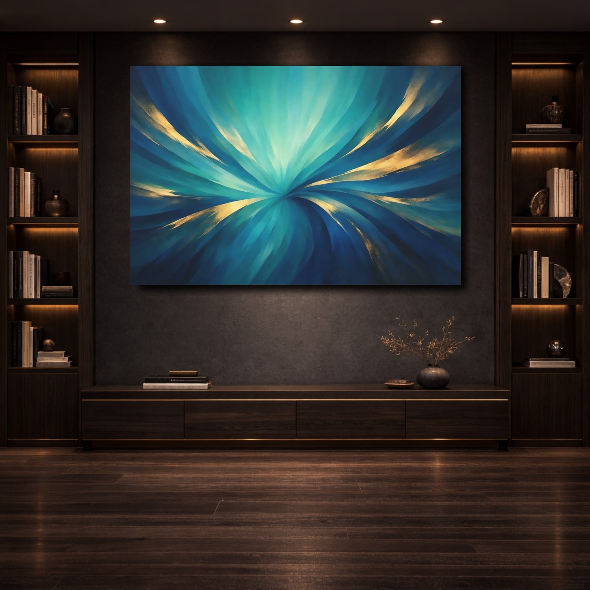 Mockup 3. Abstract Abstract Swirl Teal And Gold shown as stretched canvas wall art