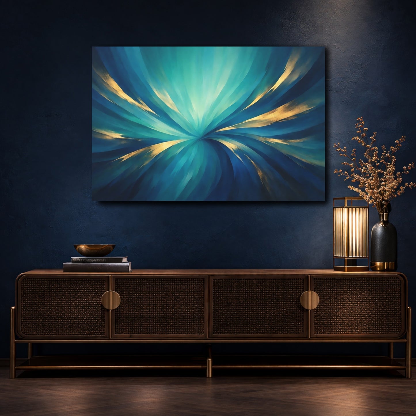 Mockup 4. Abstract Abstract Swirl Teal And Gold shown as stretched canvas wall art