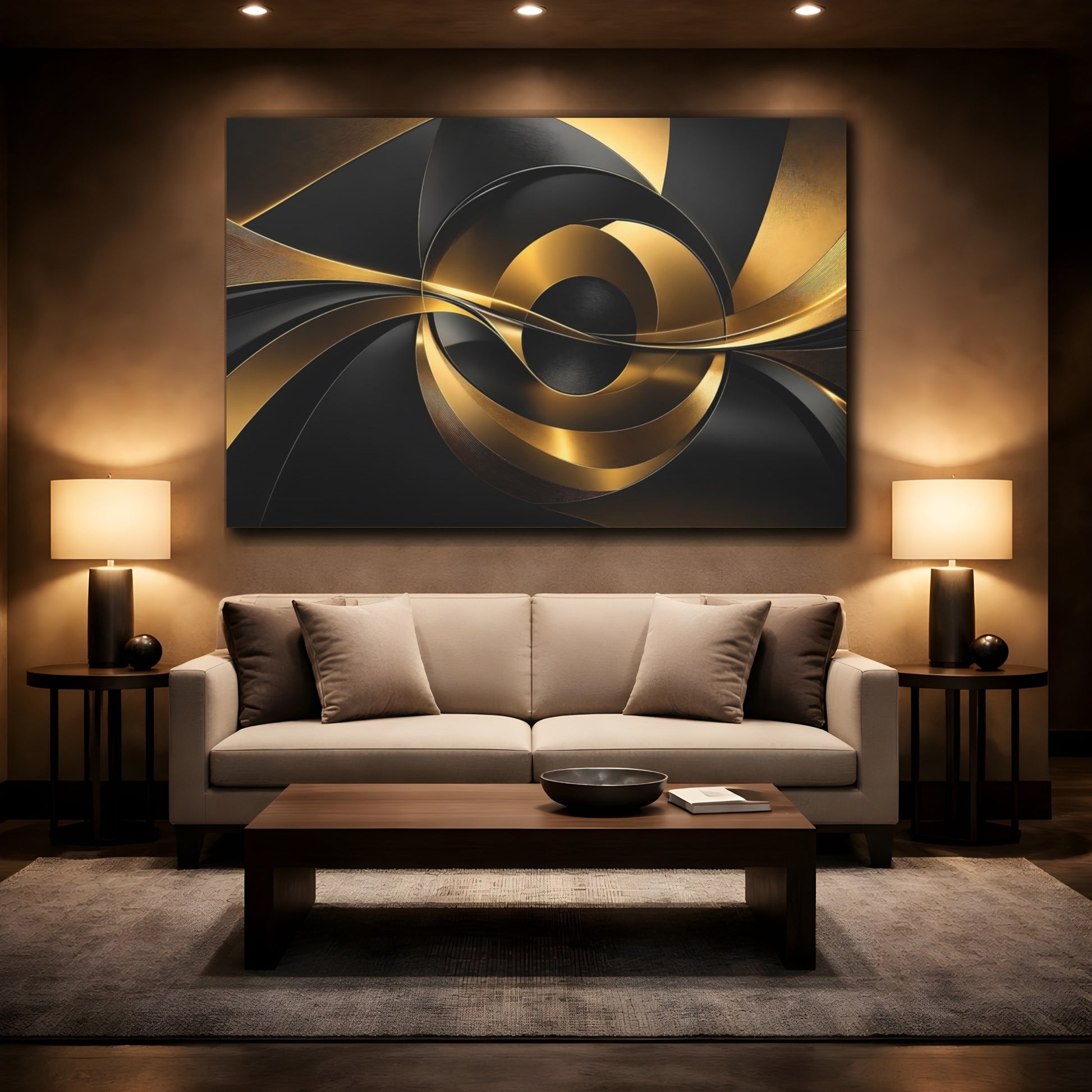 Mockup 2. Abstract Abstract Swirls Black And Gold shown as stretched canvas wall art