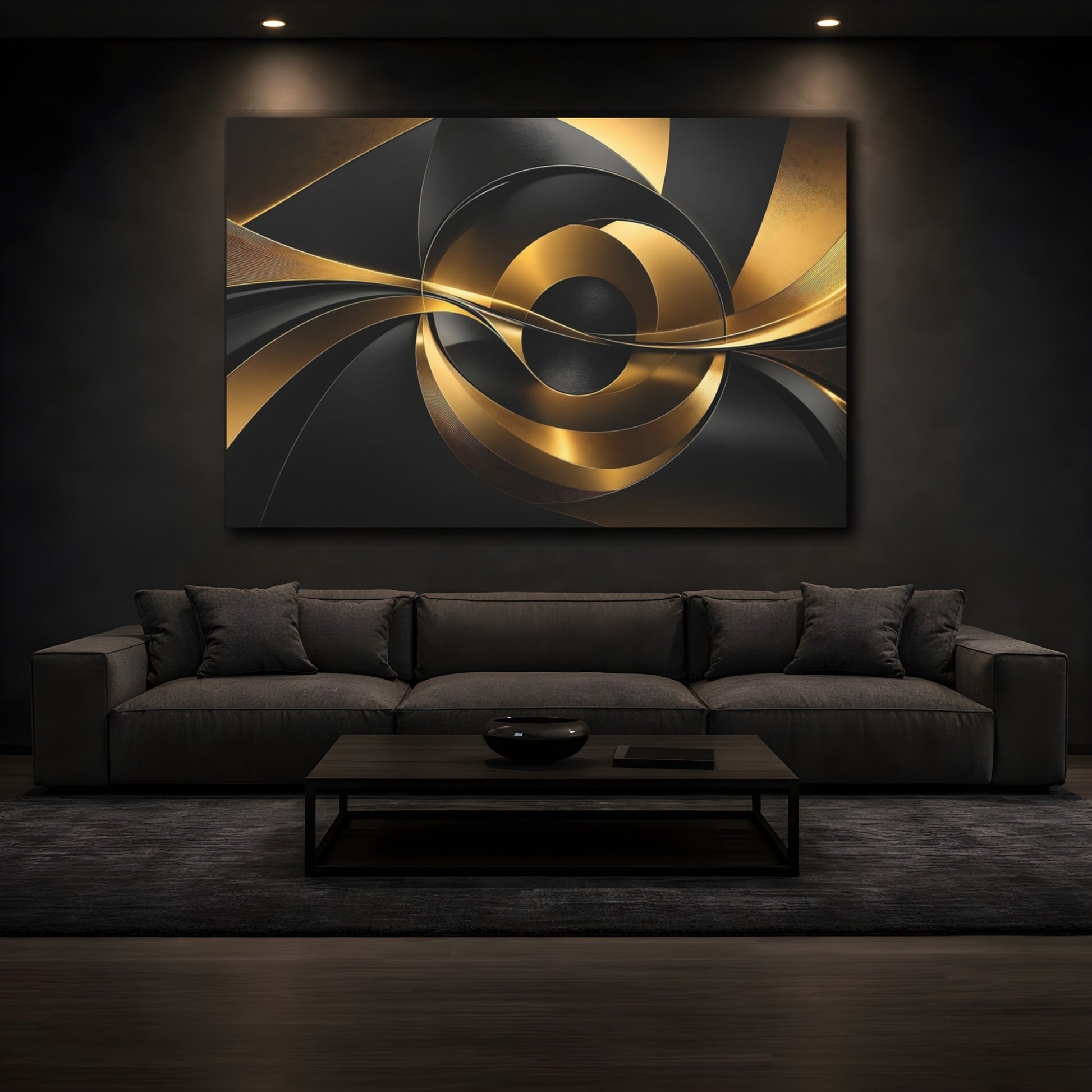 Mockup 3. Abstract Abstract Swirls Black And Gold shown as stretched canvas wall art