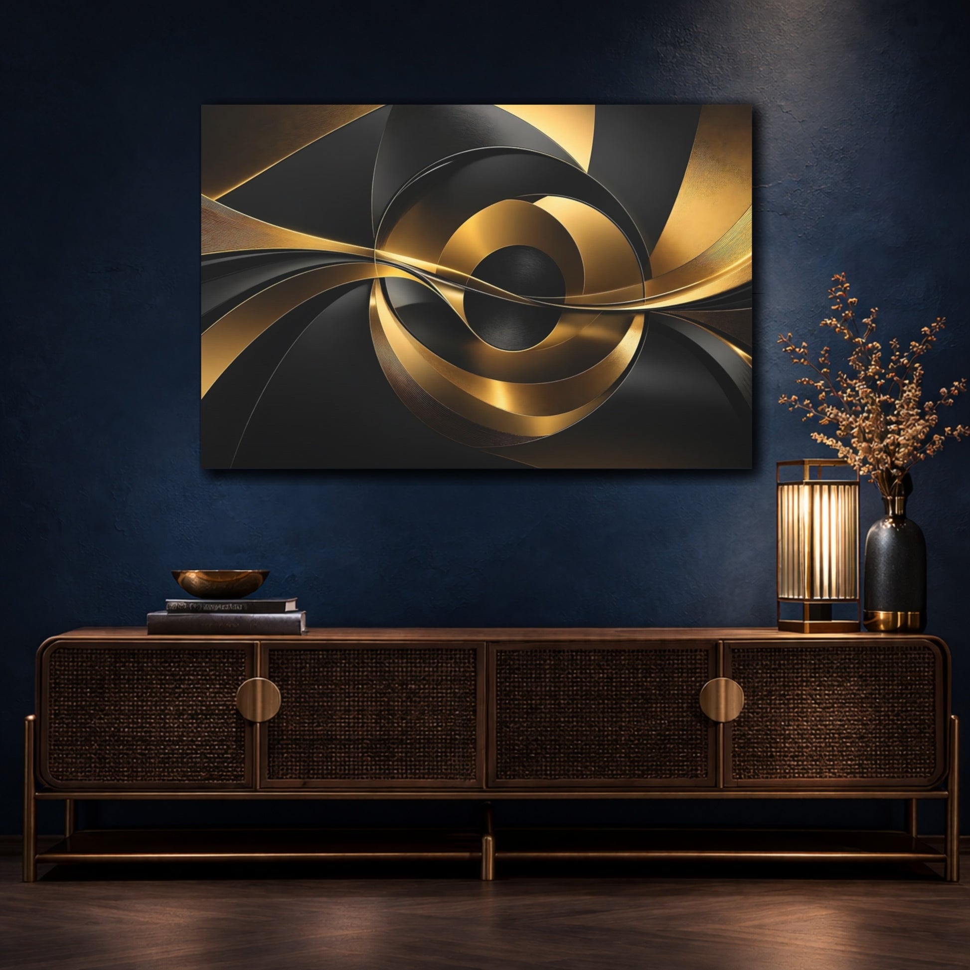 Mockup 4. Abstract Abstract Swirls Black And Gold shown as stretched canvas wall art