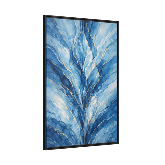 Main Mockup. Abstract Abstract Swirls Blue And Gold Abstract shown as stretched canvas wall art