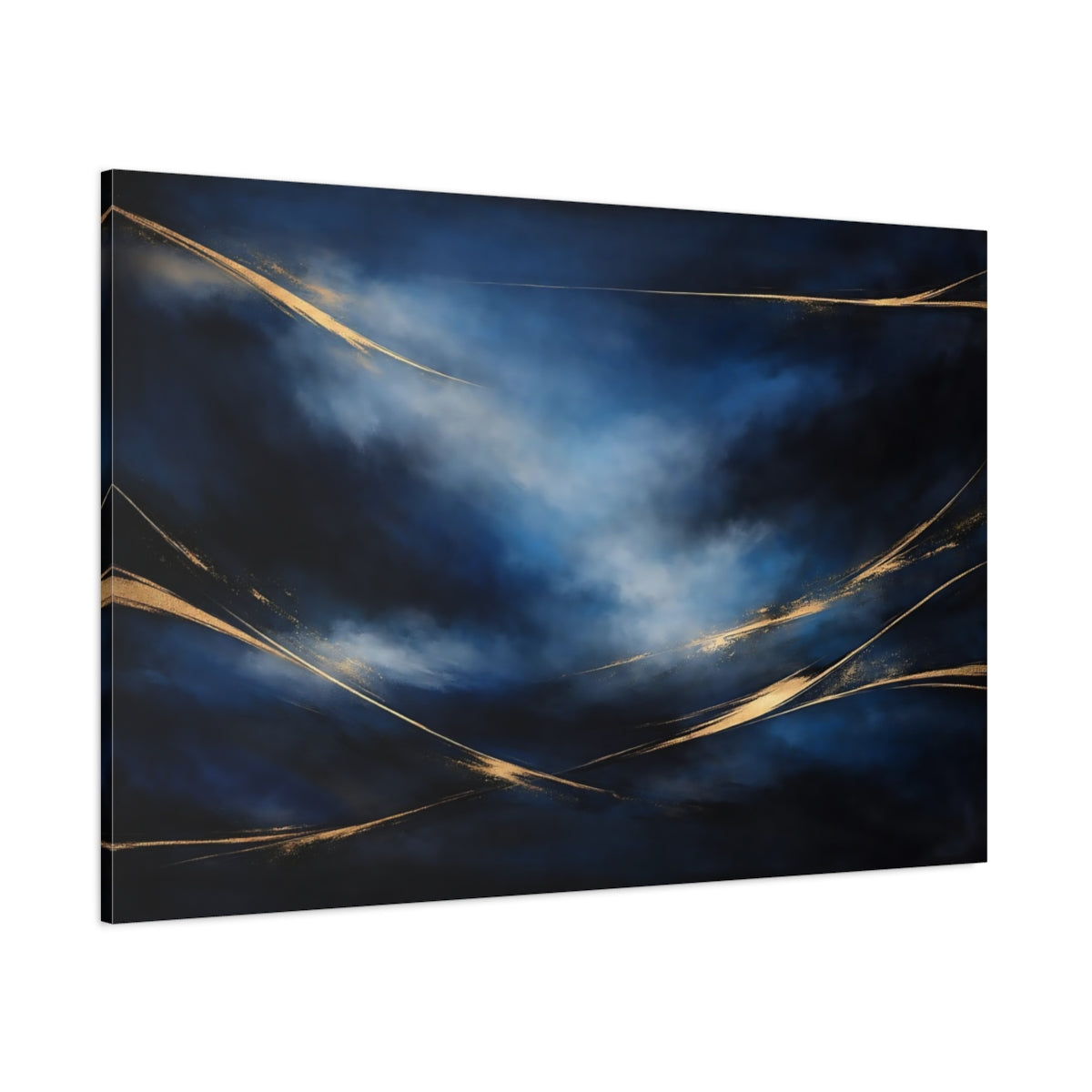 Main Mockup. Abstract Abstract Swirls Blue And Gold Abstract shown as stretched canvas wall art