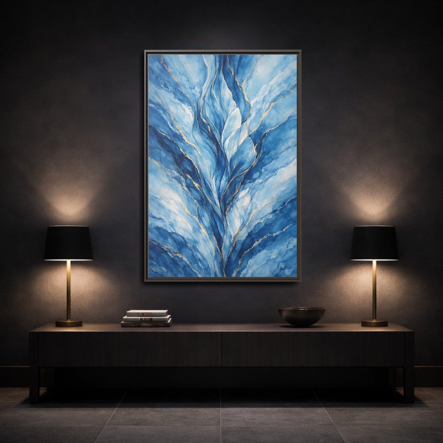 Mockup 2. Abstract Abstract Swirls Blue And Gold Abstract shown as stretched canvas wall art