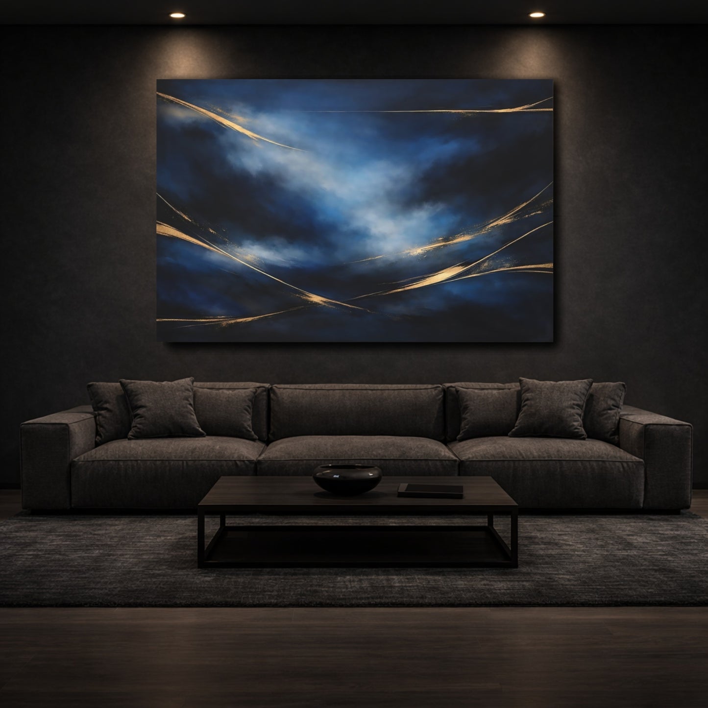 Mockup 2. Abstract Abstract Swirls Blue And Gold Abstract shown as stretched canvas wall art