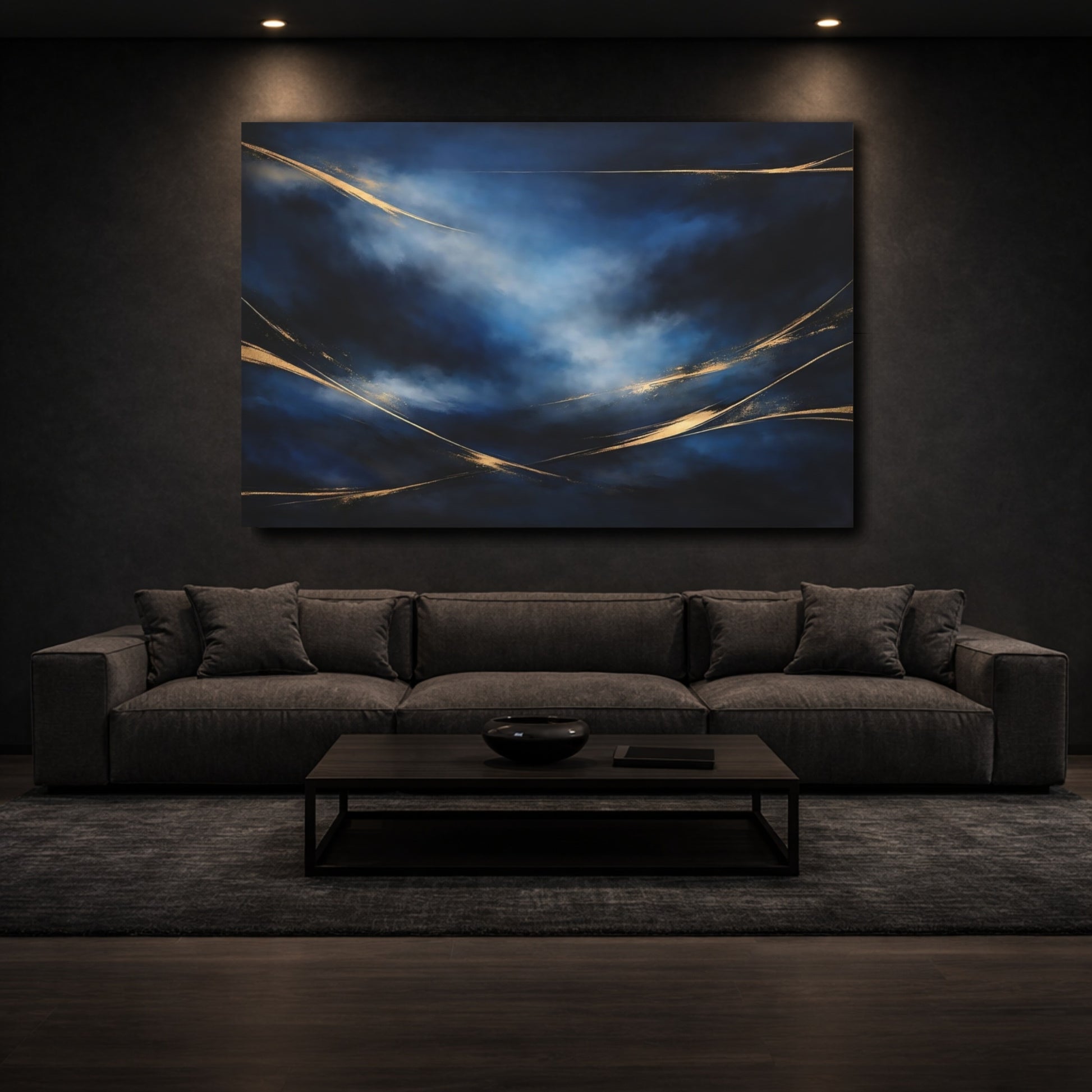 Mockup 2. Abstract Abstract Swirls Blue And Gold Abstract shown as stretched canvas wall art