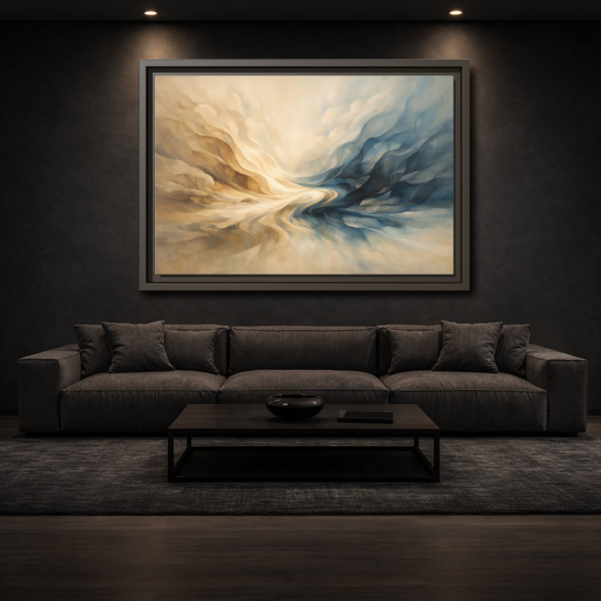Mockup 2. Abstract Abstract Swirls Blue And Gold Abstract shown as stretched canvas wall art