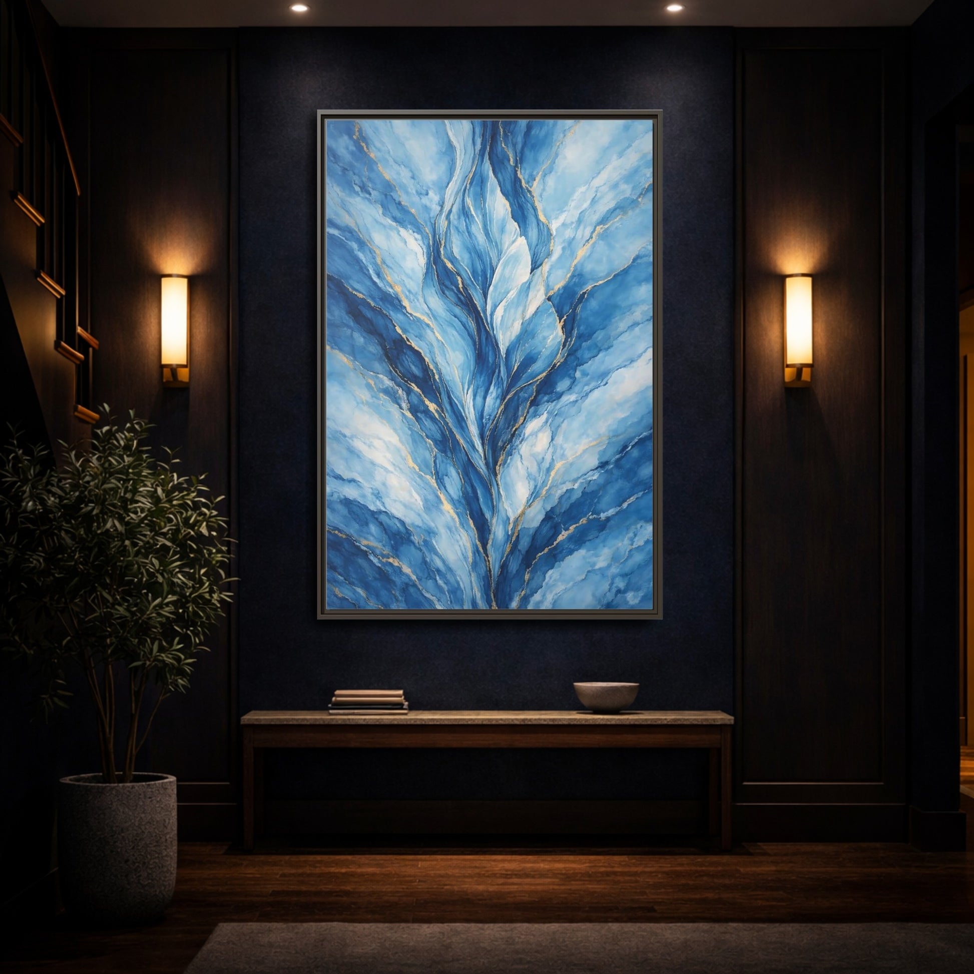 Mockup 3. Abstract Abstract Swirls Blue And Gold Abstract shown as stretched canvas wall art