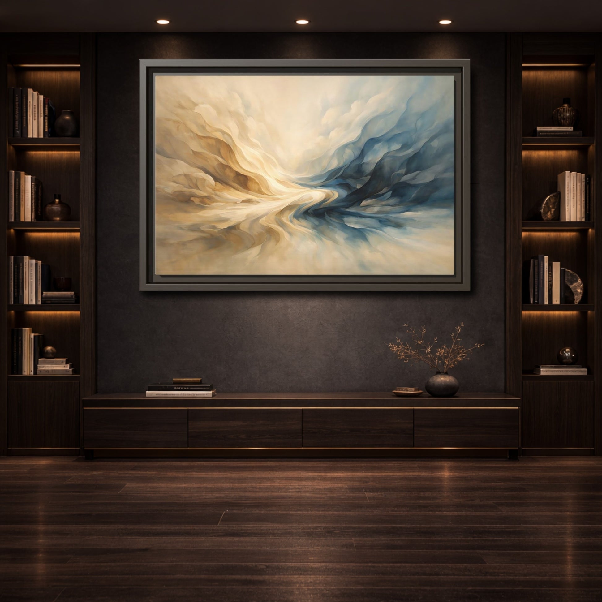 Mockup 3. Abstract Abstract Swirls Blue And Gold Abstract shown as stretched canvas wall art