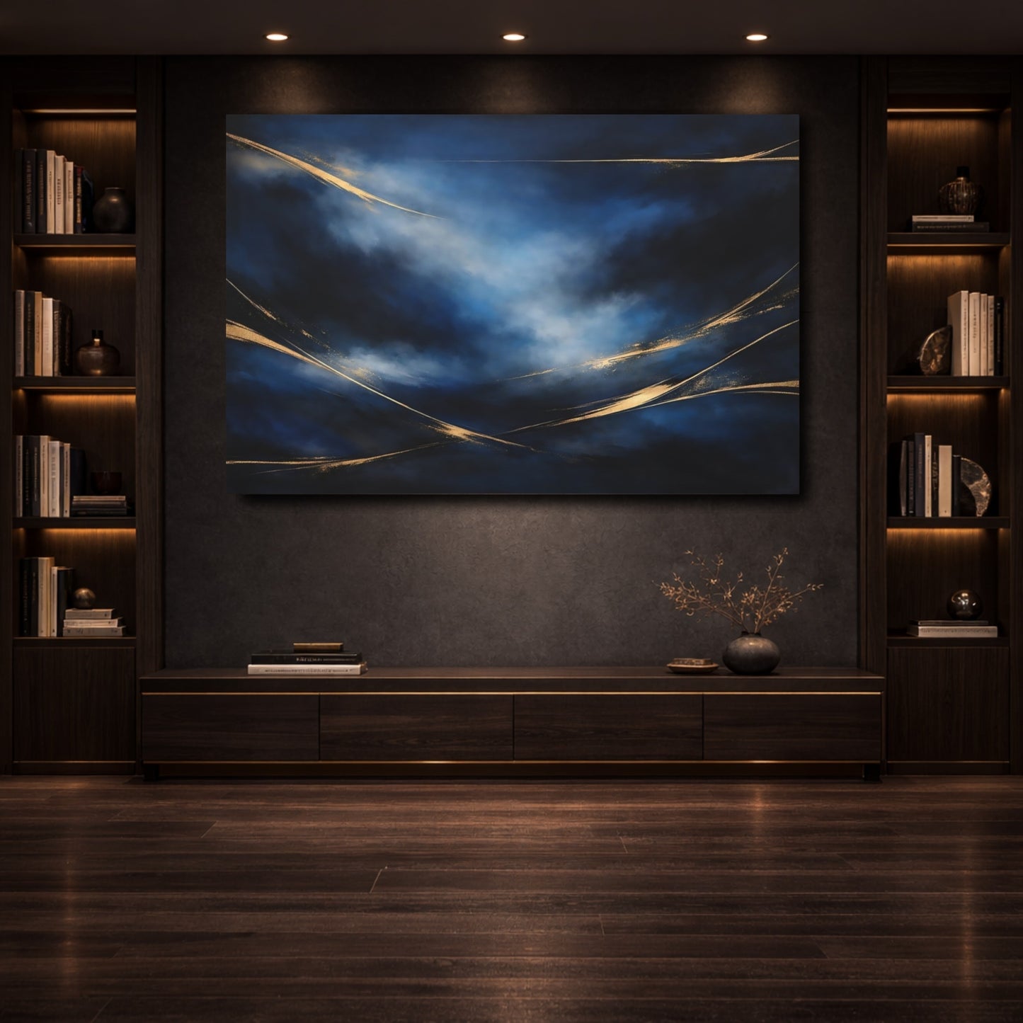 Mockup 3. Abstract Abstract Swirls Blue And Gold Abstract shown as stretched canvas wall art