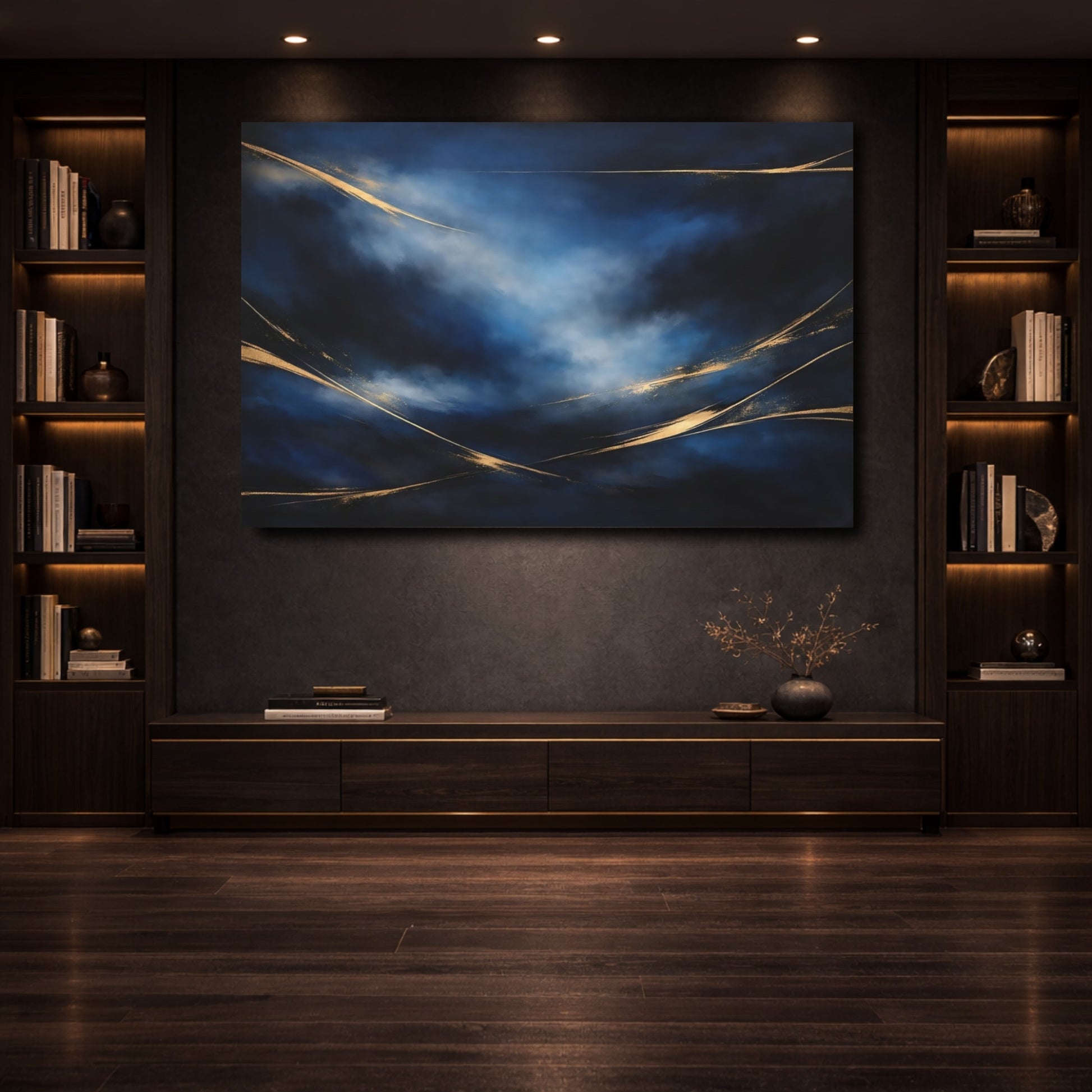 Mockup 3. Abstract Abstract Swirls Blue And Gold Abstract shown as stretched canvas wall art