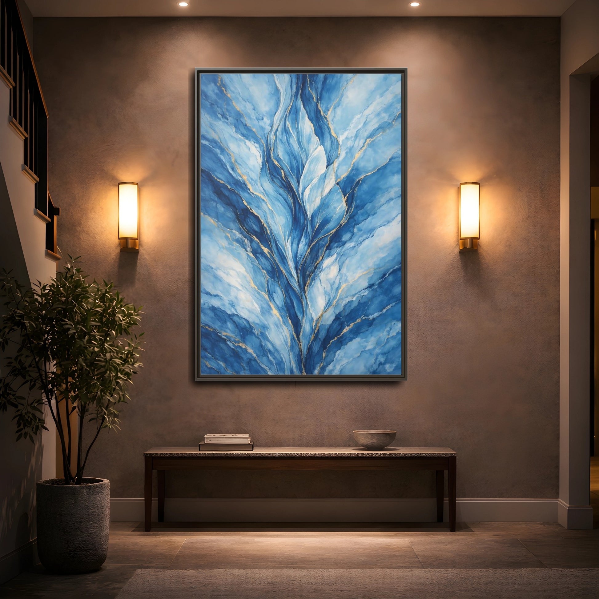 Mockup 4. Abstract Abstract Swirls Blue And Gold Abstract shown as stretched canvas wall art