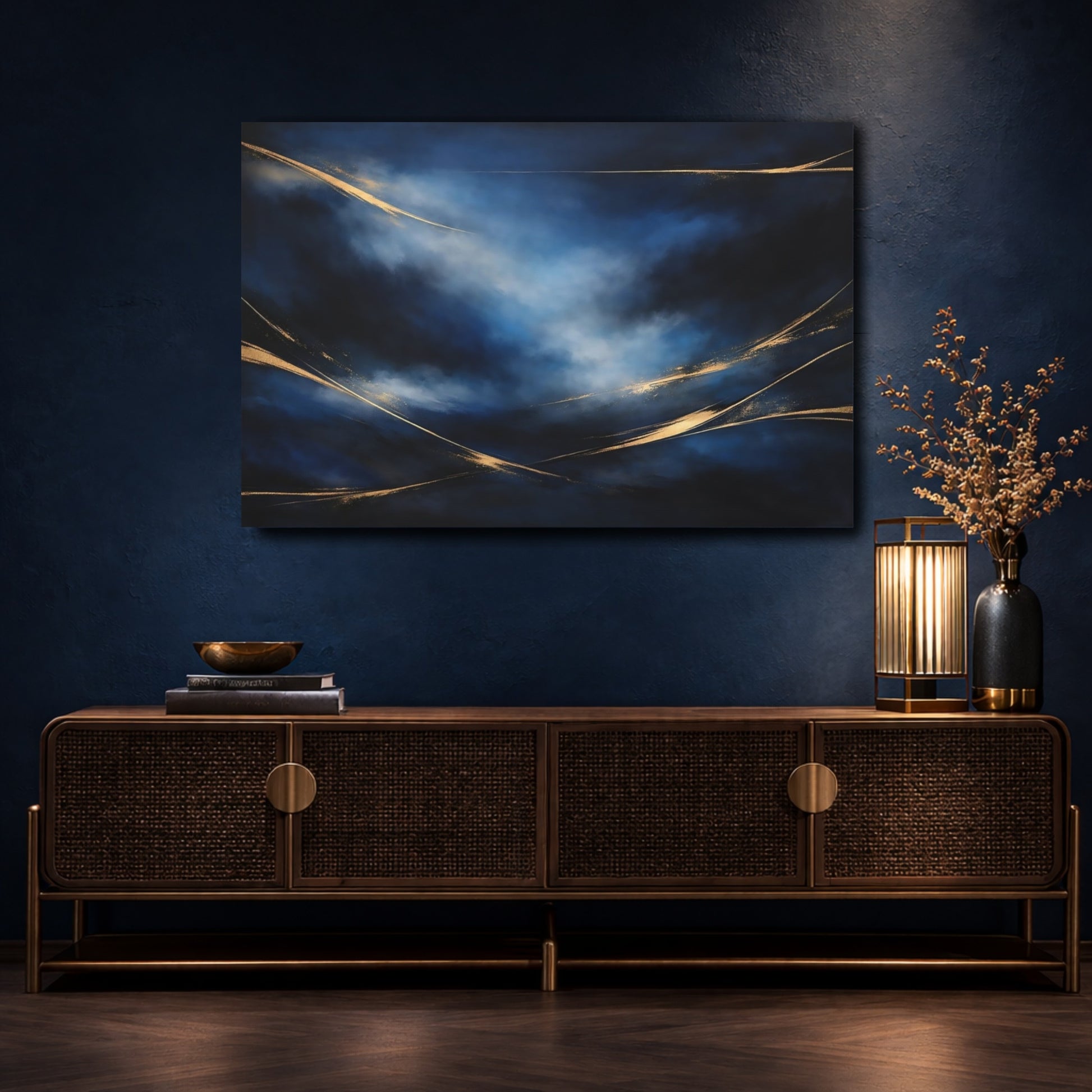Mockup 4. Abstract Abstract Swirls Blue And Gold Abstract shown as stretched canvas wall art