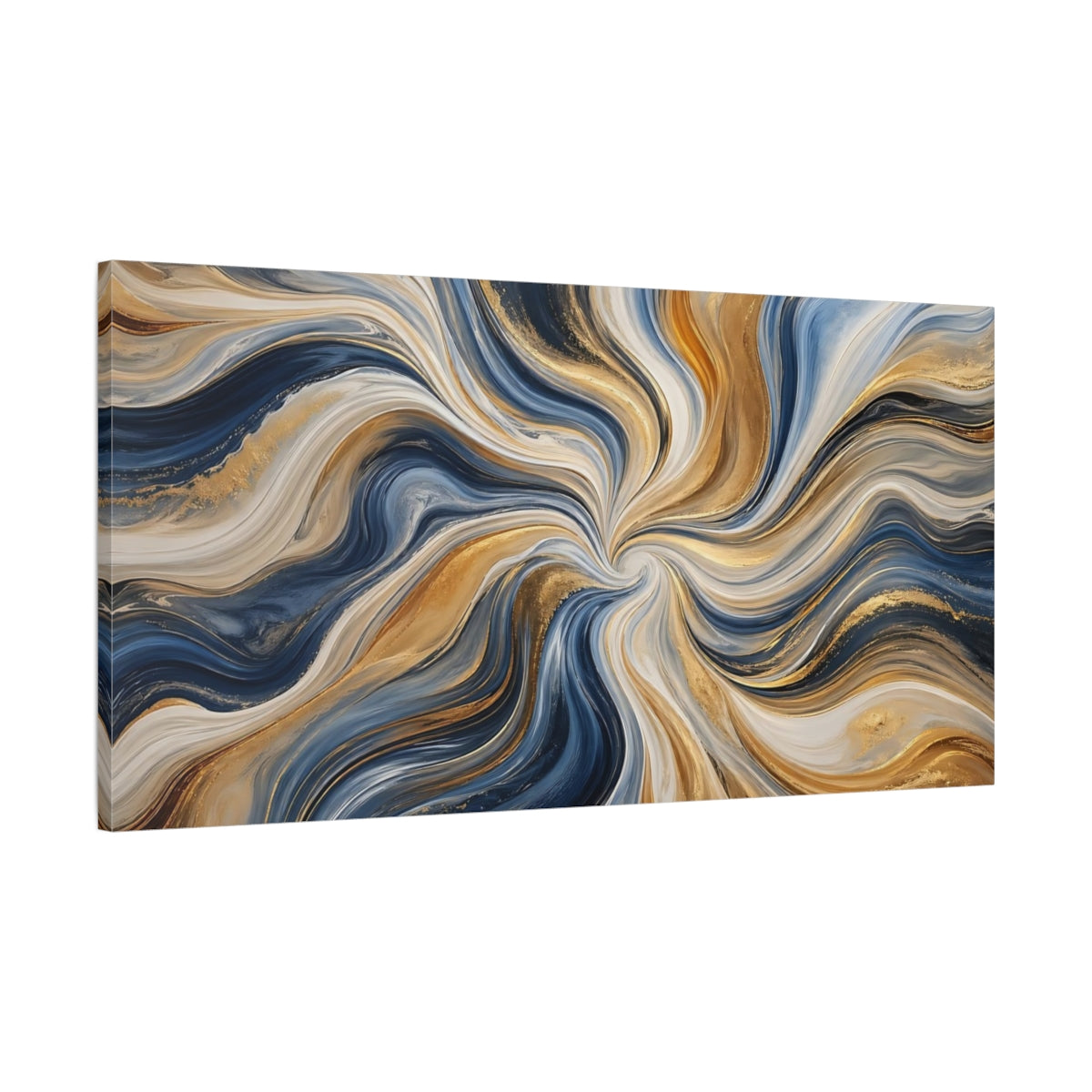 Main Mockup. Abstract Abstract Swirls Blue And Gold shown as stretched canvas wall art