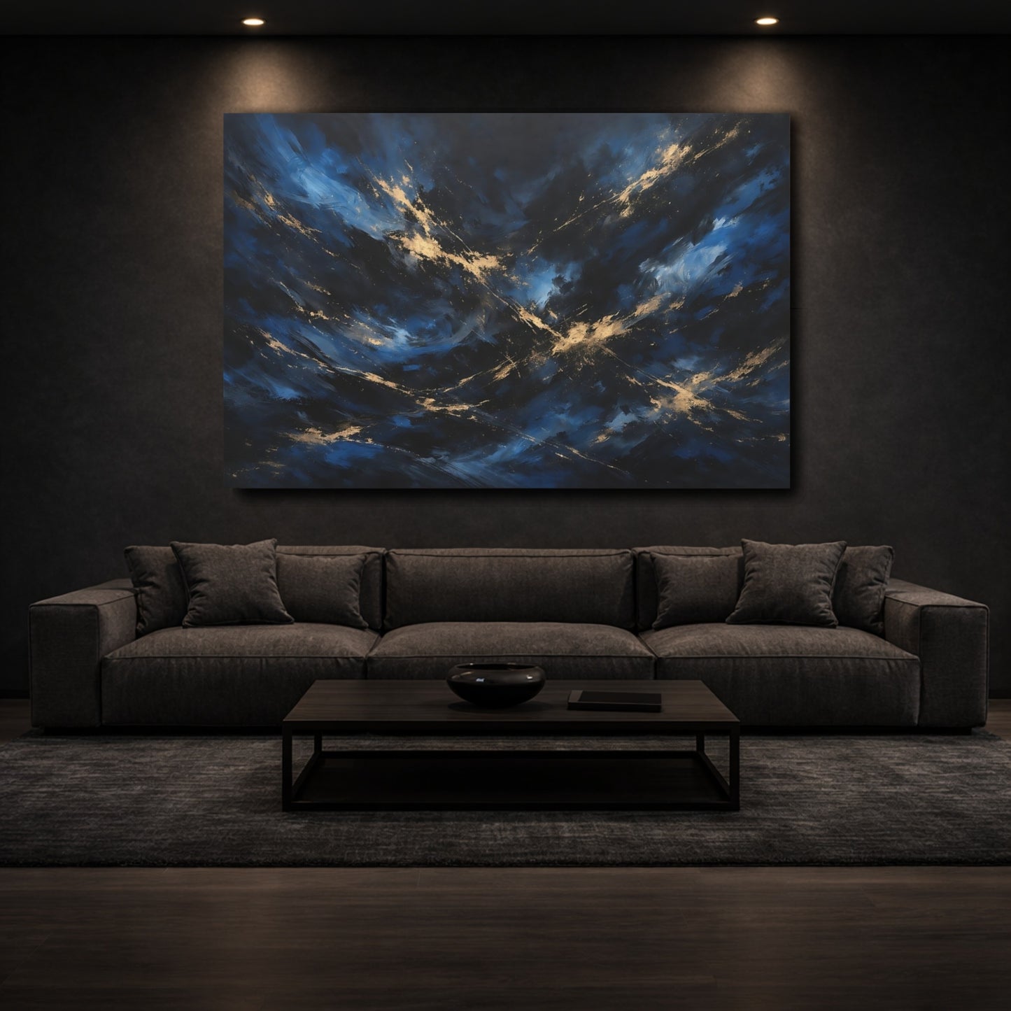 Mockup 2. Abstract Abstract Swirls Blue And Gold shown as stretched canvas wall art
