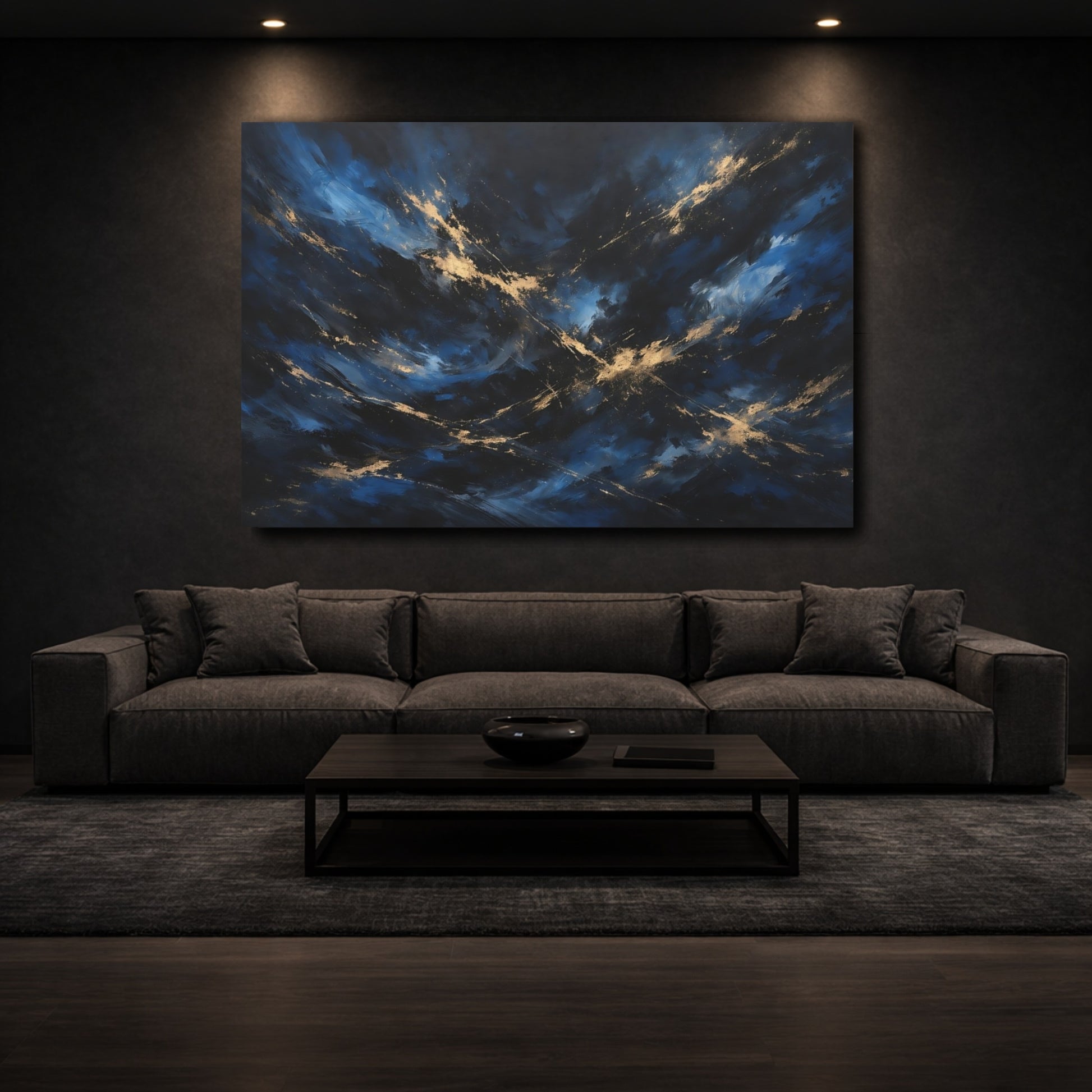 Mockup 2. Abstract Abstract Swirls Blue And Gold shown as stretched canvas wall art