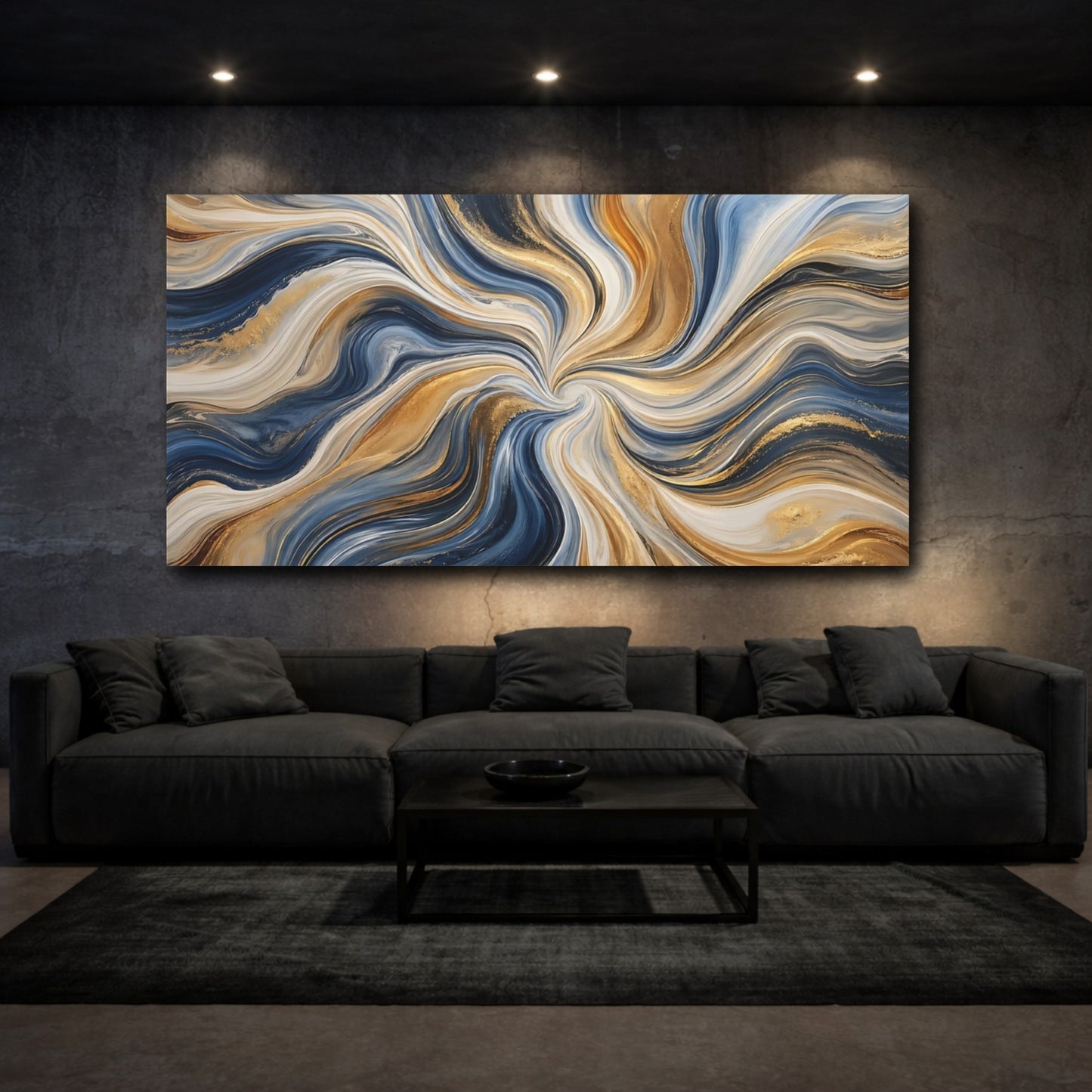 Mockup 2. Abstract Abstract Swirls Blue And Gold shown as stretched canvas wall art