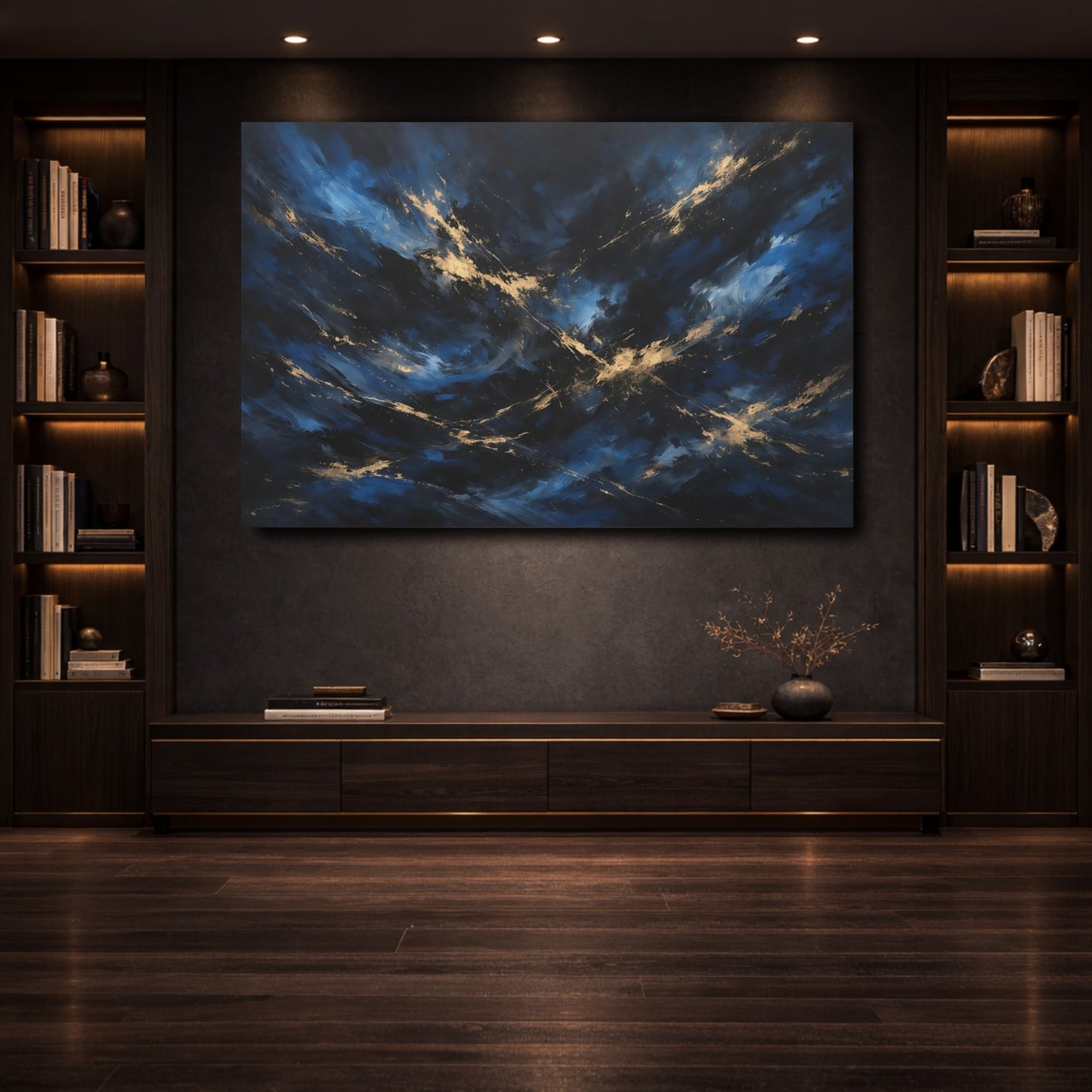 Mockup 3. Abstract Abstract Swirls Blue And Gold shown as stretched canvas wall art