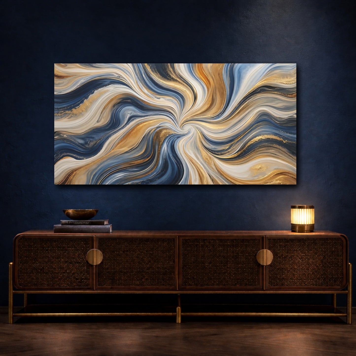 Mockup 3. Abstract Abstract Swirls Blue And Gold shown as stretched canvas wall art