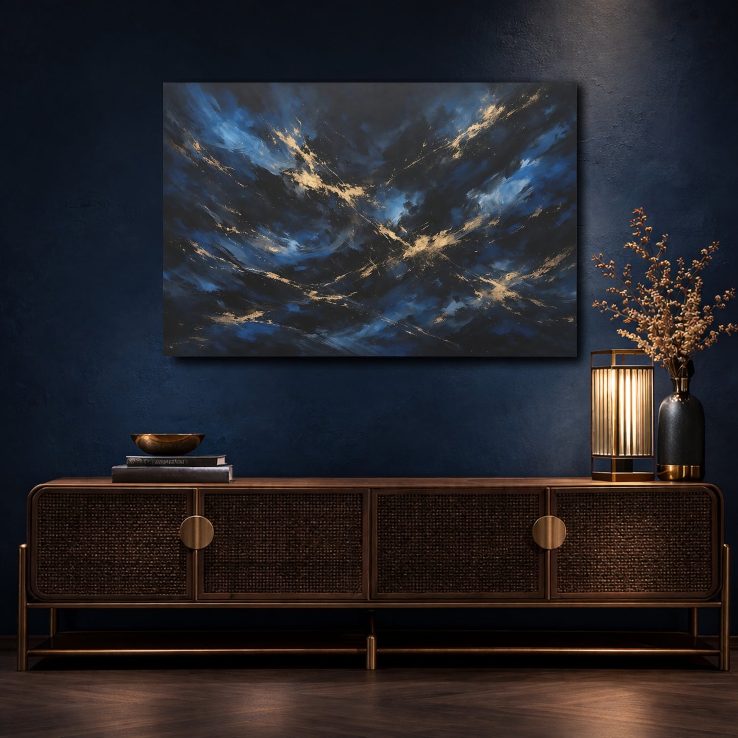 Mockup 4. Abstract Abstract Swirls Blue And Gold shown as stretched canvas wall art