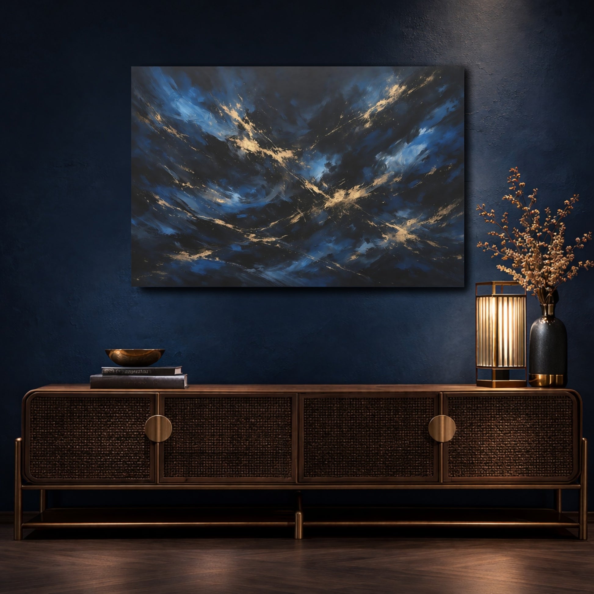 Mockup 4. Abstract Abstract Swirls Blue And Gold shown as stretched canvas wall art