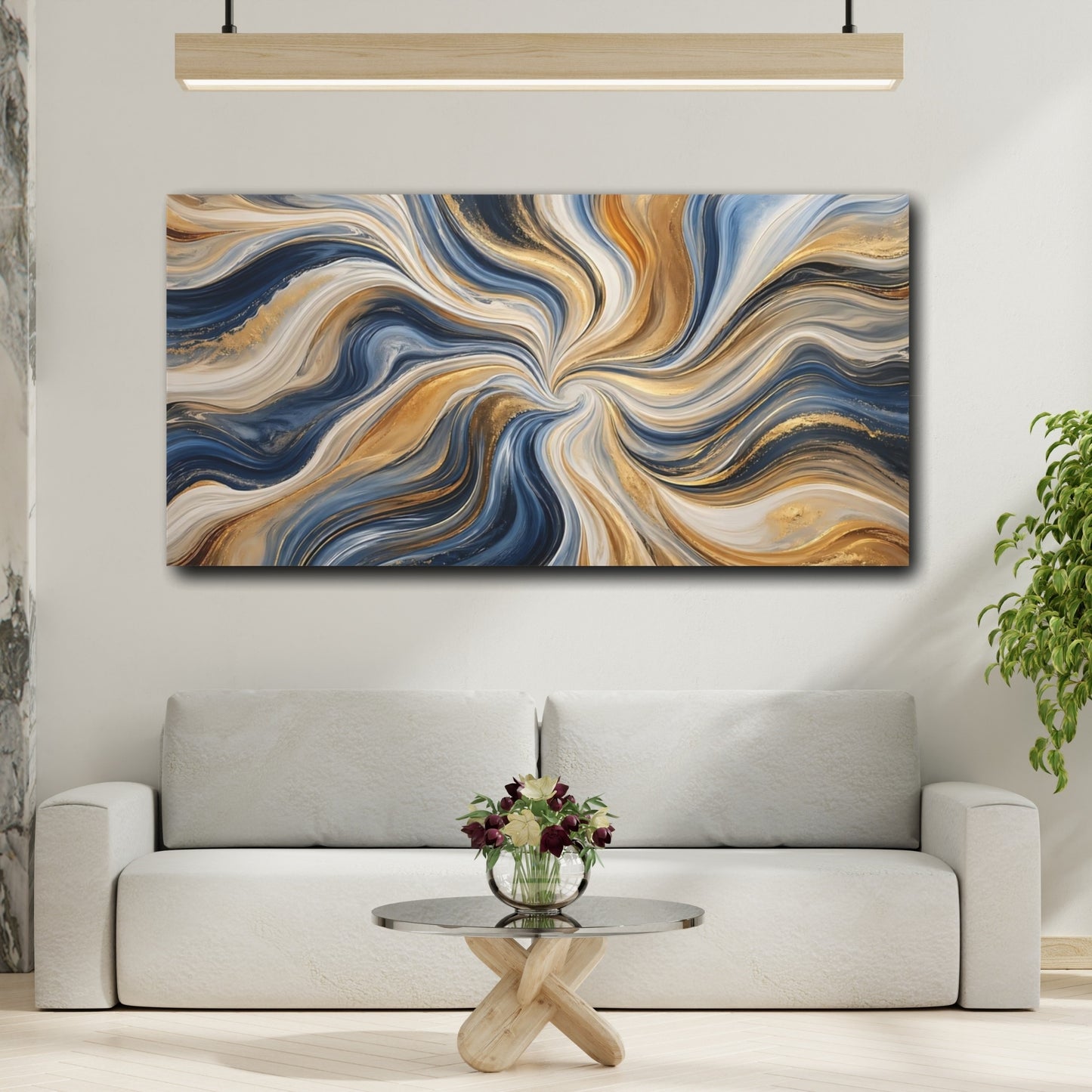 Mockup 4. Abstract Abstract Swirls Blue And Gold shown as stretched canvas wall art