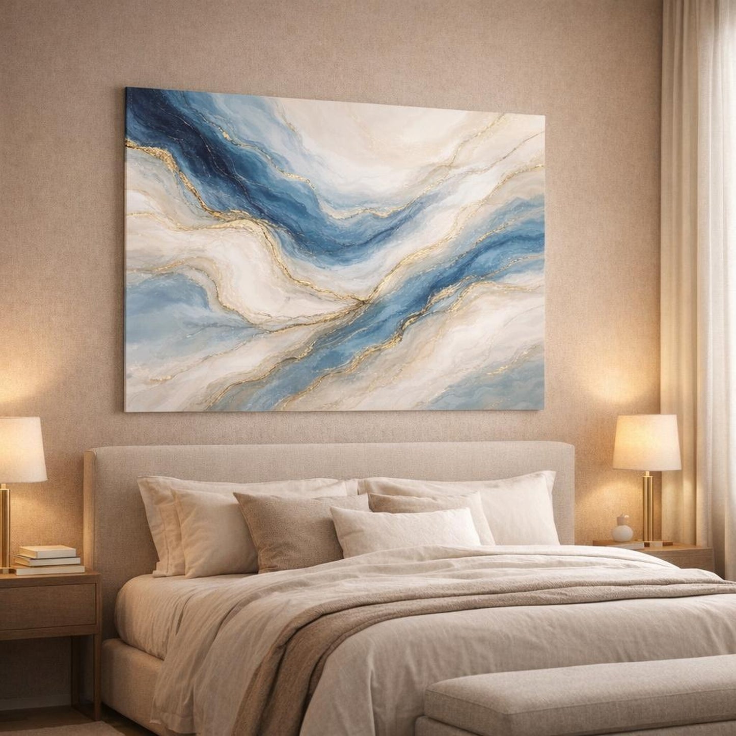 Abstract Abstract Swirls Blue Gold Abstract shown as canvas wall art in a luxury bedroom