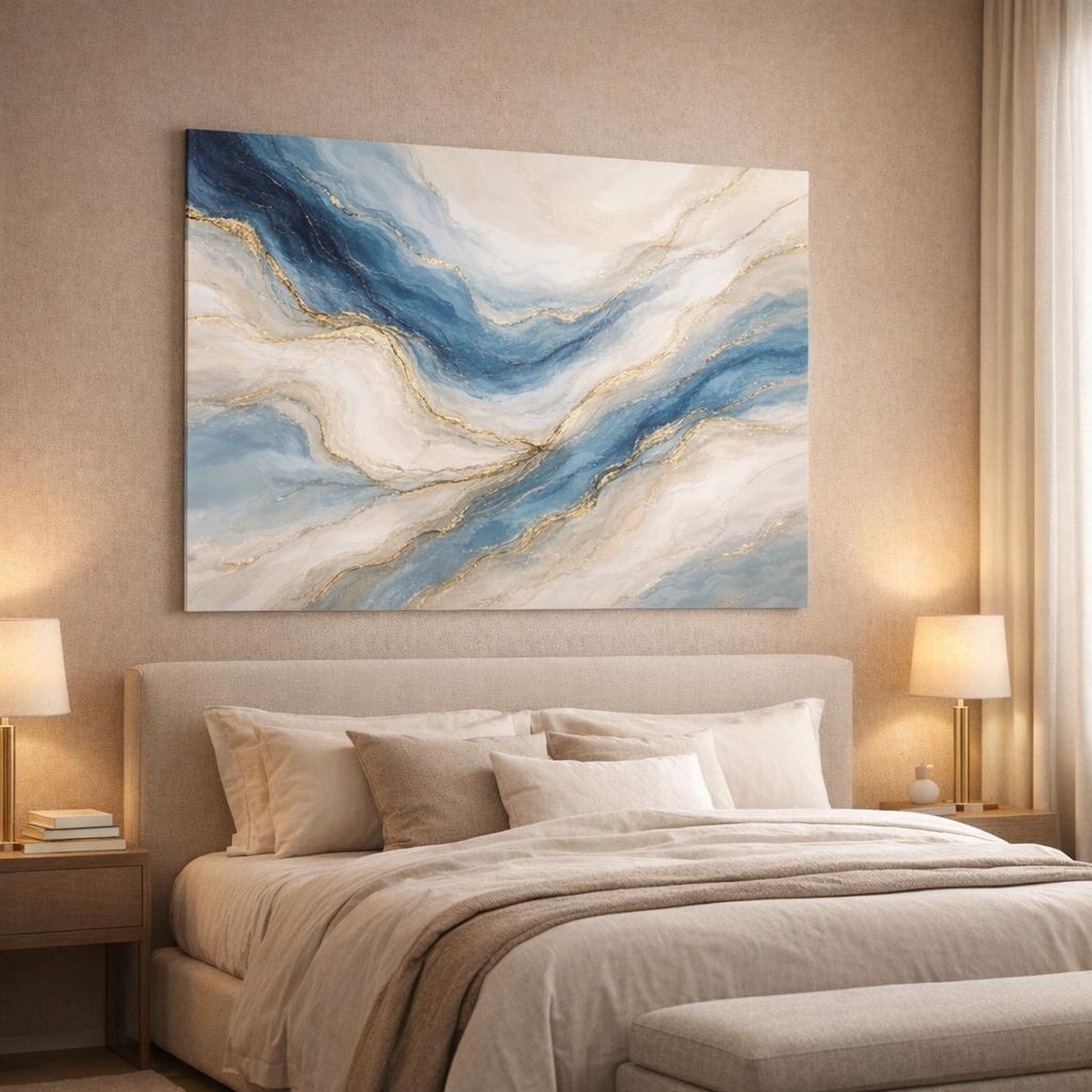 Abstract Abstract Swirls Blue Gold Abstract shown as canvas wall art in a luxury bedroom